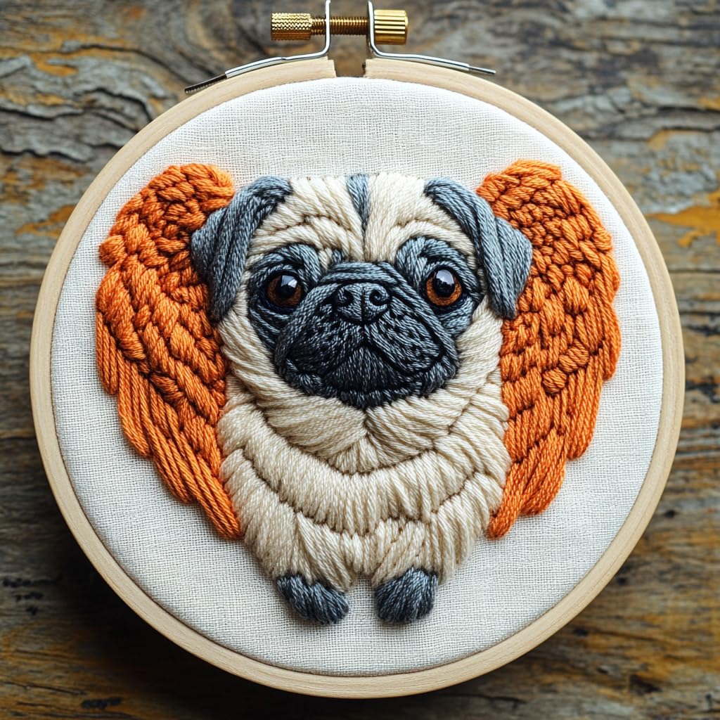 DIY Punch Needle Kits for Beginners Cut Pug Dog Angel with Hoop Embroidery Punch Needle Starter Craft Set Easy for Adults and Kids Festival Gift and