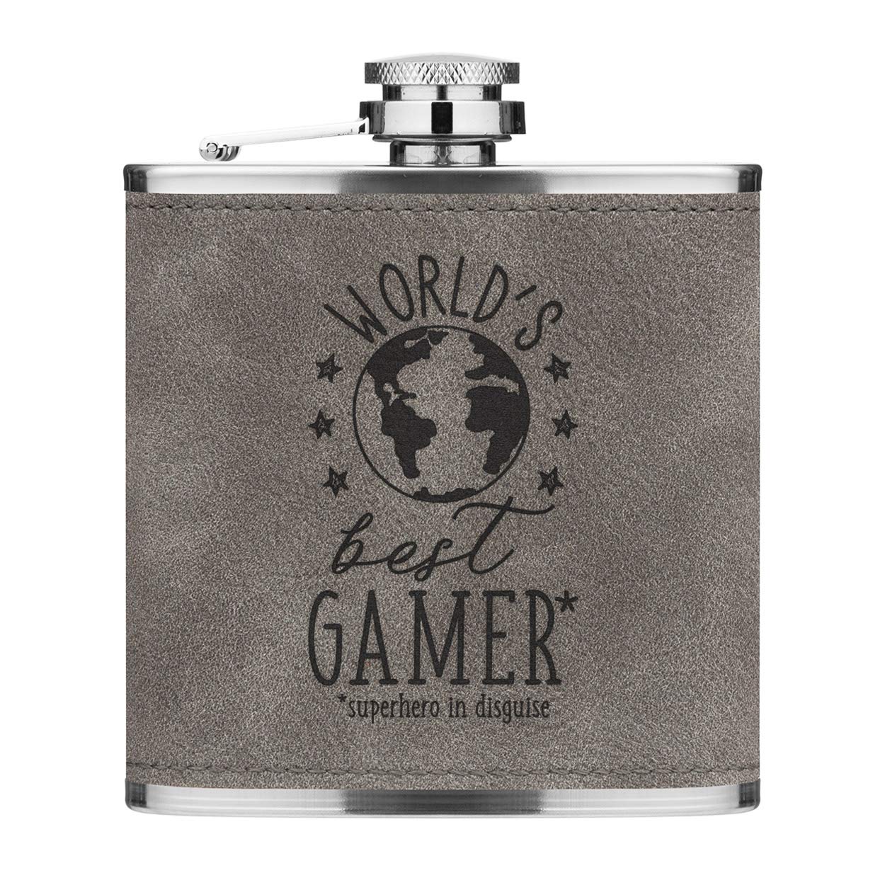 World's Best Gamer 6oz PU Leather Hip Flask Grey Luxe