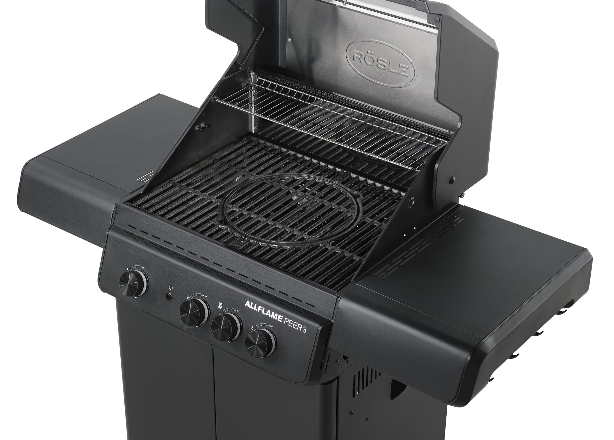 RÖSLE ALLFLAME Peer 3 Barbacoa de Gas con 3 Quemadores (3.5 kW cada uno), CRISPZONE (3 kW) hasta 450°C, Superficie de Asado 60x45 cm, Rejillas de Fundición, Fundición Inyectada de Aluminio, Negro