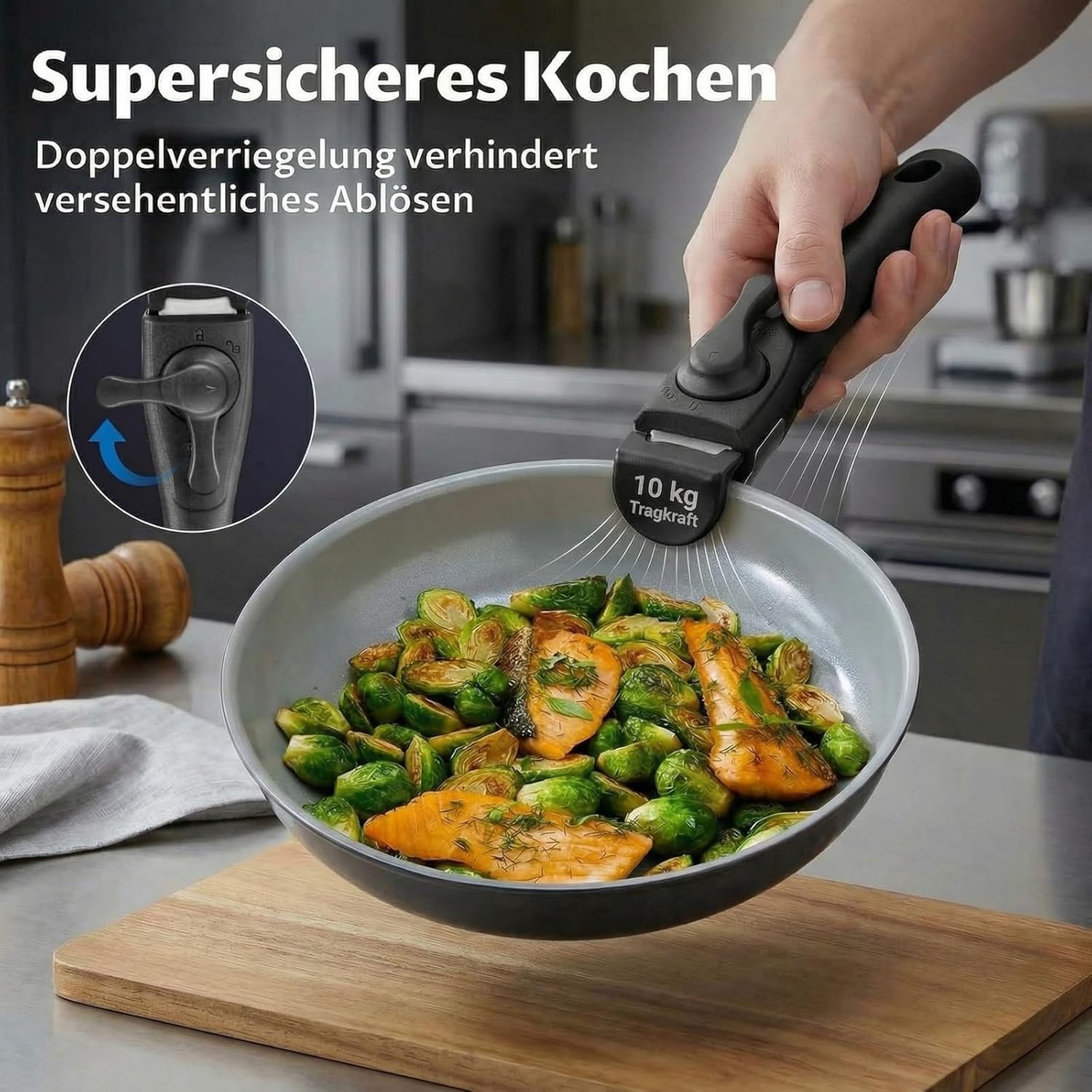 BEZIA Pfannenset mit Abnehmbarem Griff, Camping Bratpfannen Set Keramik-Antihaftbeschichtung Pfannen Induktion für Wohnmobil & Kleine Küche, Stapelbar, Ofenfest, PFAS-frei, 20+24+28 cm