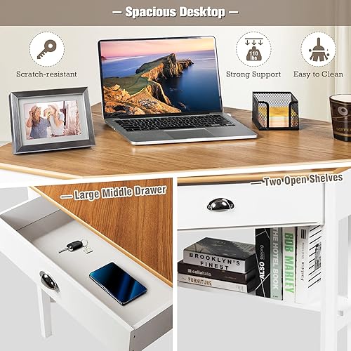 Miniatura 4 de GOFLAME Escritorio de esquina para computadora, estación de trabajo compacta de madera para oficina en casa con cajón y estantes, mesa de esquina