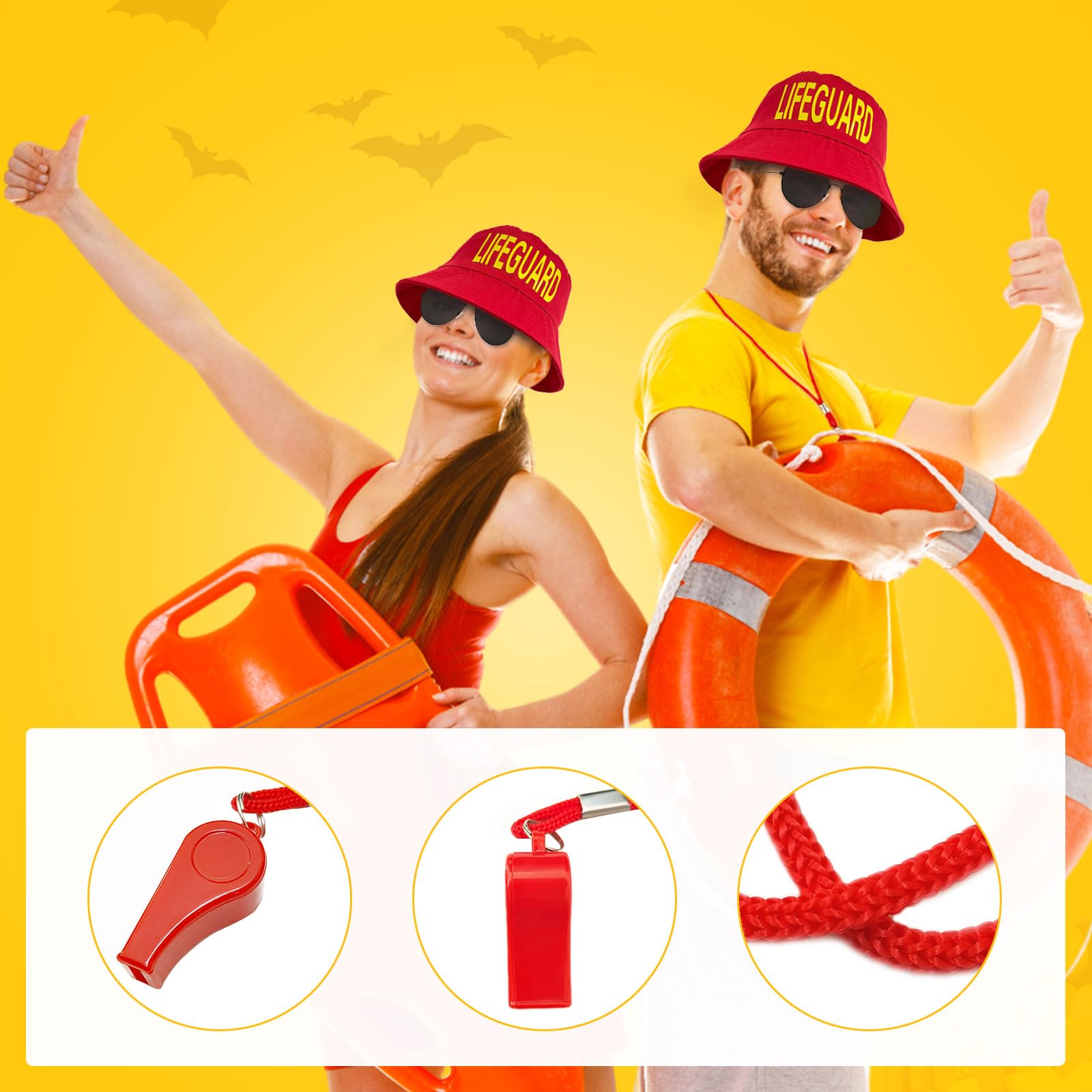 UILYNIU 4 Pieces Lifeguard Costume, Guard Bucket Hat Whistle Sunglasses Waist Bag, Sun Hat Beach Costume - Image 3