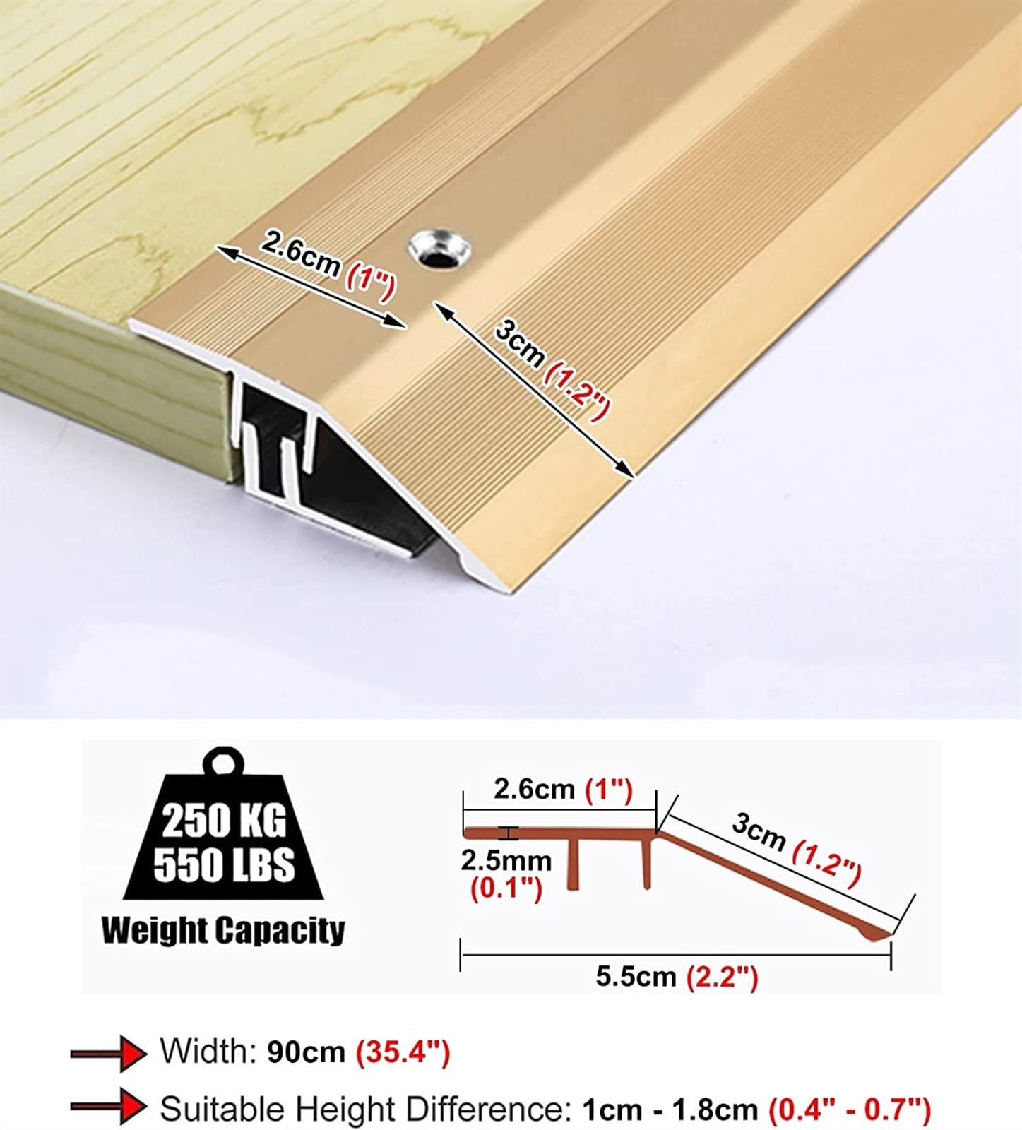 Profilo di Transizione, Striscia di Soglia, Striscia di rifinitura for bordi personalizzabile, for pavimenti in laminato del bagno, include base e raccordo di installazione(Gold)