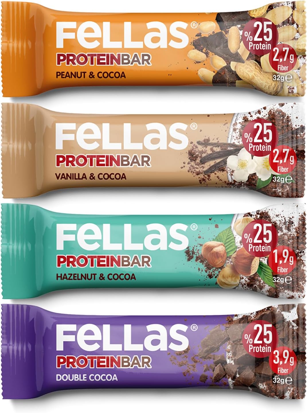 Fellas Protein Bar, Karma Kutu (4 Çeşit), 32gr x 12 Adet