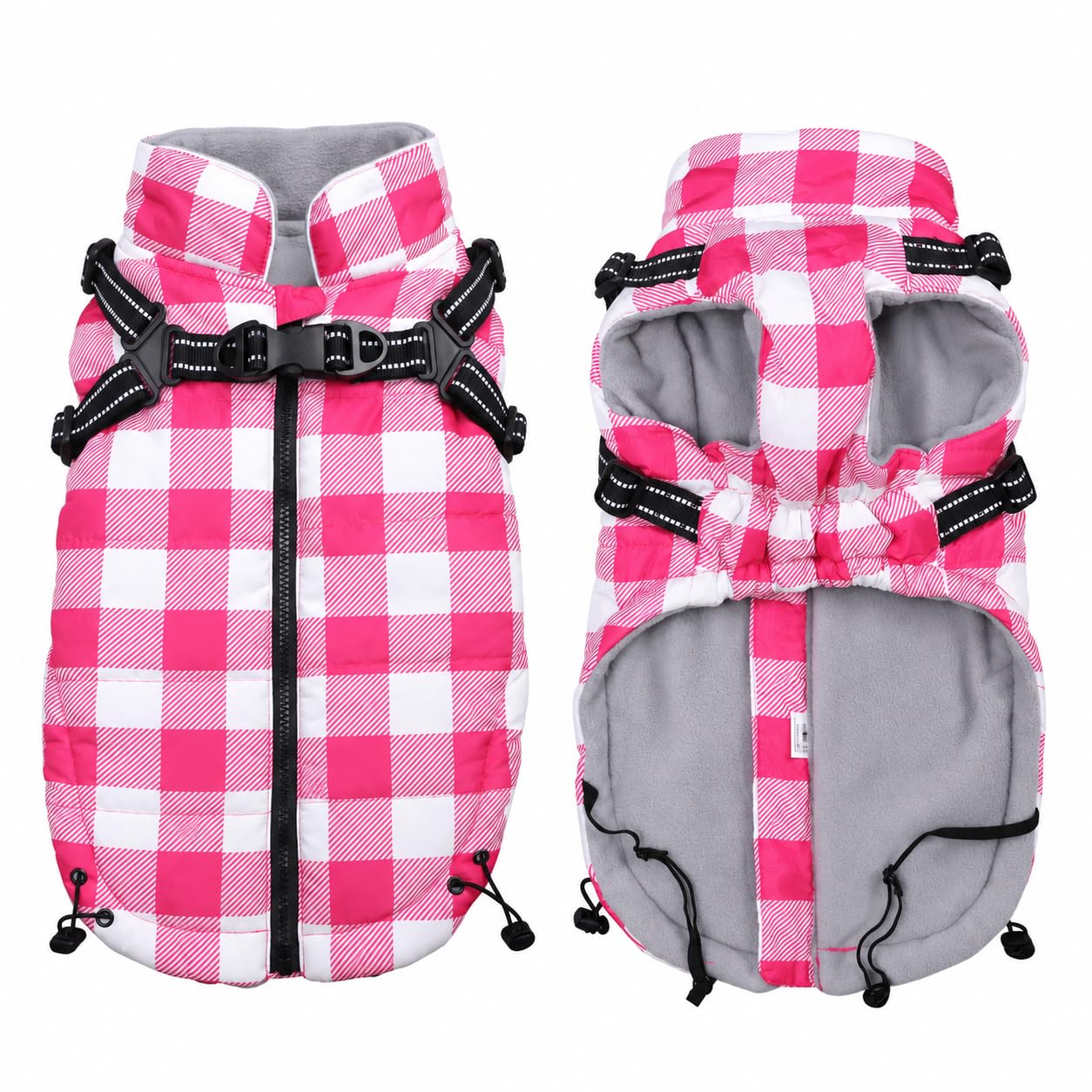 babepet Waterproof Dog Coat with Harness, Warm Pet Dog Coats and Jackets, Reflective Pet Dog Harness Vest Winter Puppy Clothes with Chest Strap, ideal for Outdoor Walking-Pink Plaid-M