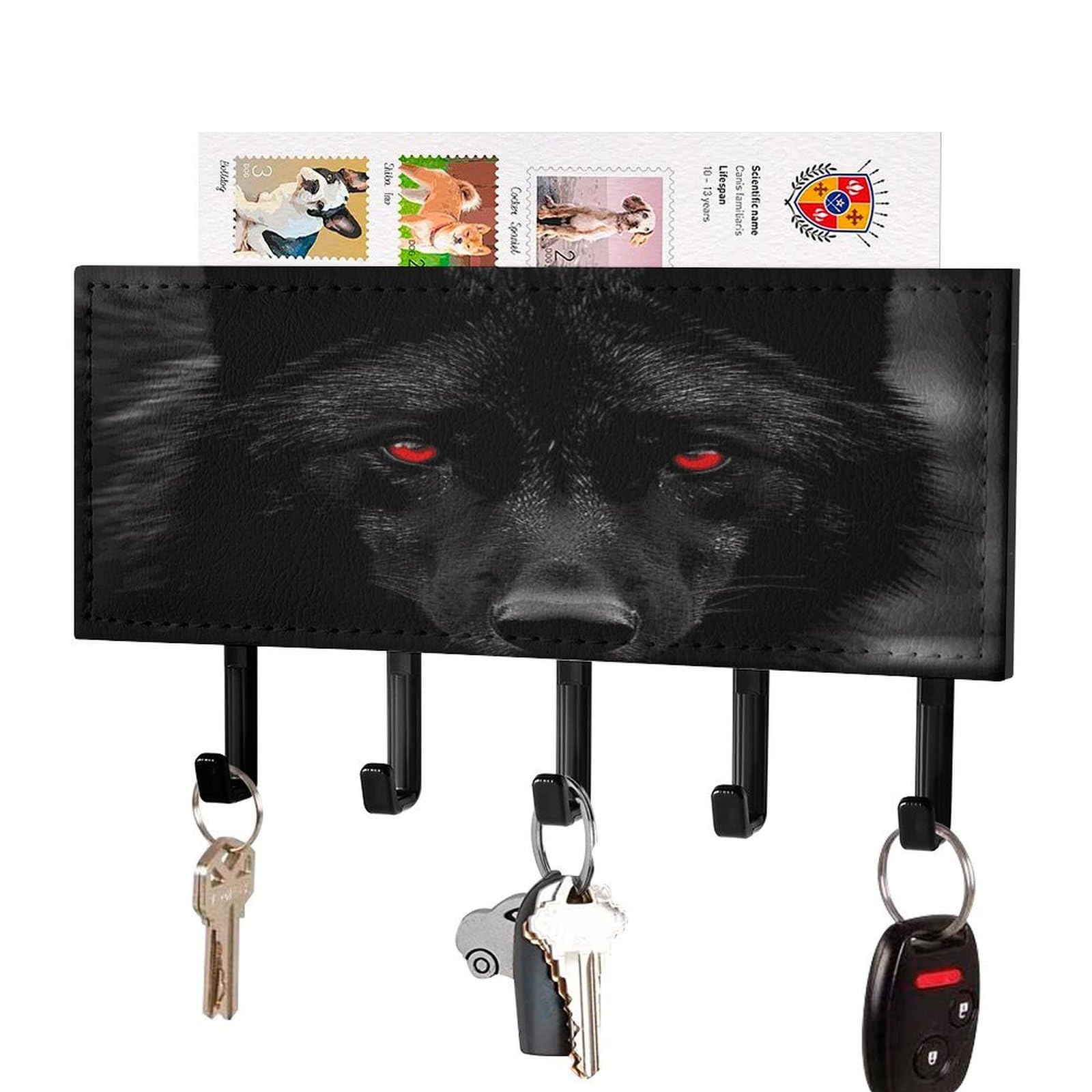 Fekiloot Black-Style Black Red Eyed Wolf Key Holder Wall Mount Key And Mail Holder Key Hanger With 5 Hooks Decorative Pu Key Rack Hanging Key Hooks For Wall Living Room Kitchen Bathroom Hallway