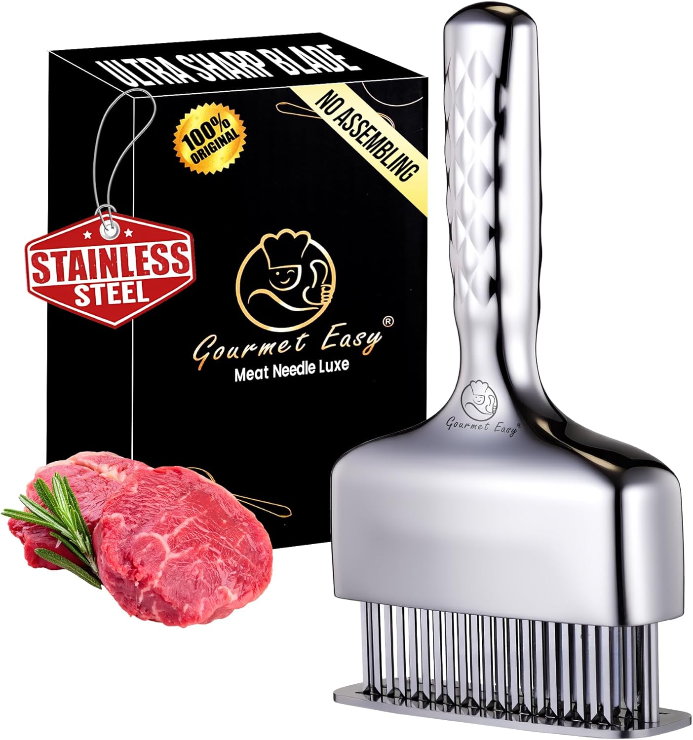 Meat Tenderizer Tool, Stainless Steel Blade Tenderizer for Meat – Extra Long Handle, Rustproof One-Piece Meat Tenderizer Mallet & Hammer, Steak Cooking Accessories, No Assembly Needed, 5-Year Warranty