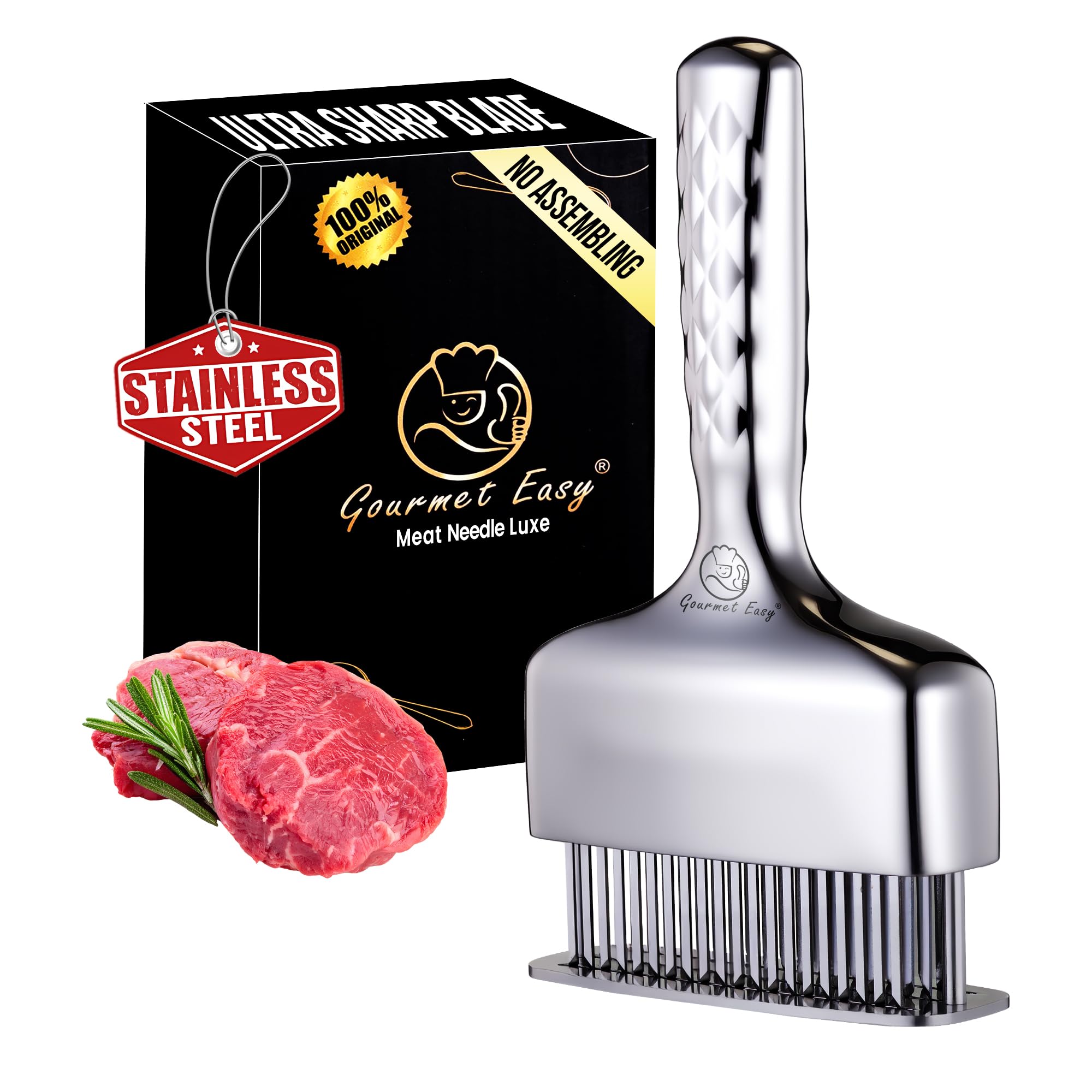 Gourmet Easy Meat Tenderizer Tool with 60 Sharp Blades & Non-slip Handle | Tenderizes Meats Quickly with No Assembly Needed, One-Piece Design Prevents Loose Parts, Dishwasher Safe, 5-Year Warranty