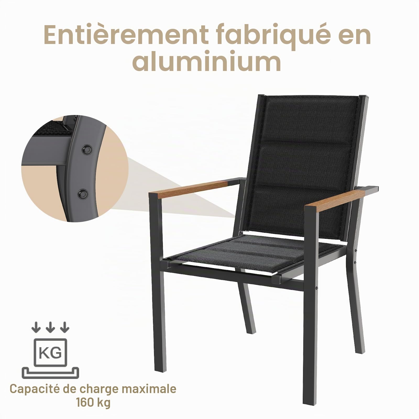 Devoko Ensemble De 2 Chaises De Jardin Exterieur, Chaise De Salle À Manger Empilable en Aluminium, Chaise Fauteuil, pour Le Jardin, La Piscine, La Terrasse, Meubles d'extérieu, Gris Foncé