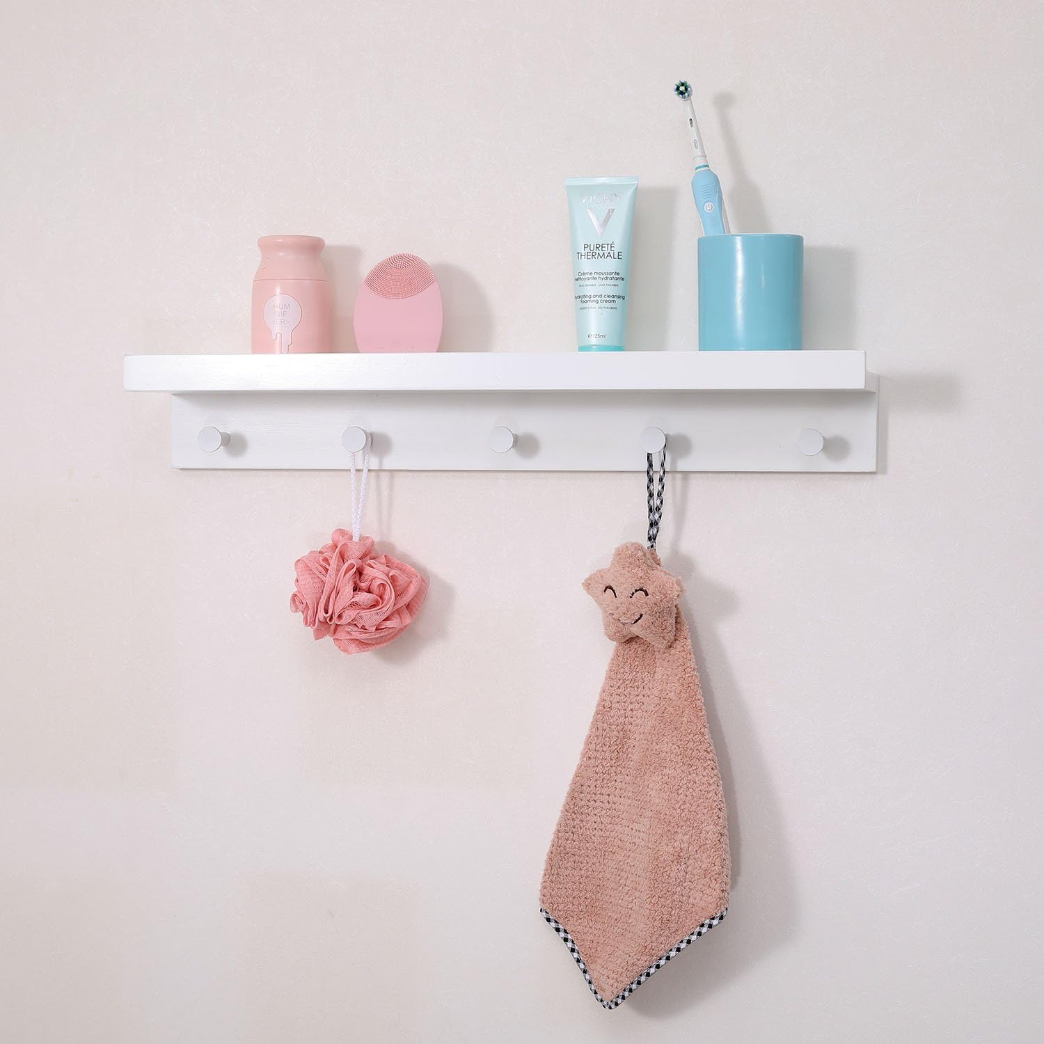 Ollieroo Bamboo Wall Mounted Shelf, Coat Hooks Rack with 5 Alloy Hooks for Entryway, Bedroom, Kitchen, Bathroom, Length 24" (White)