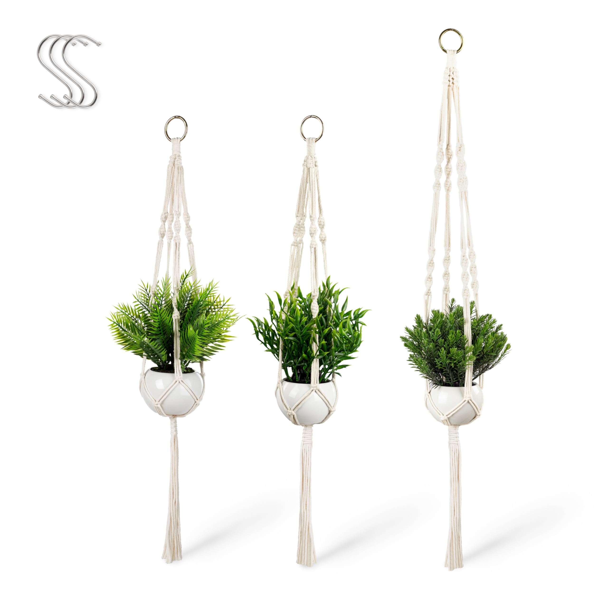 PASCH® 3er Set Kunstpflanzen mit Makramee Blumenampel und weißen Keramiktöpfen | Künstliche Pflanzen (23 cm) + Blumenampel Makramee (80-100cm) | Hängepflanze künstlich | Künstliche Hängepflanzen