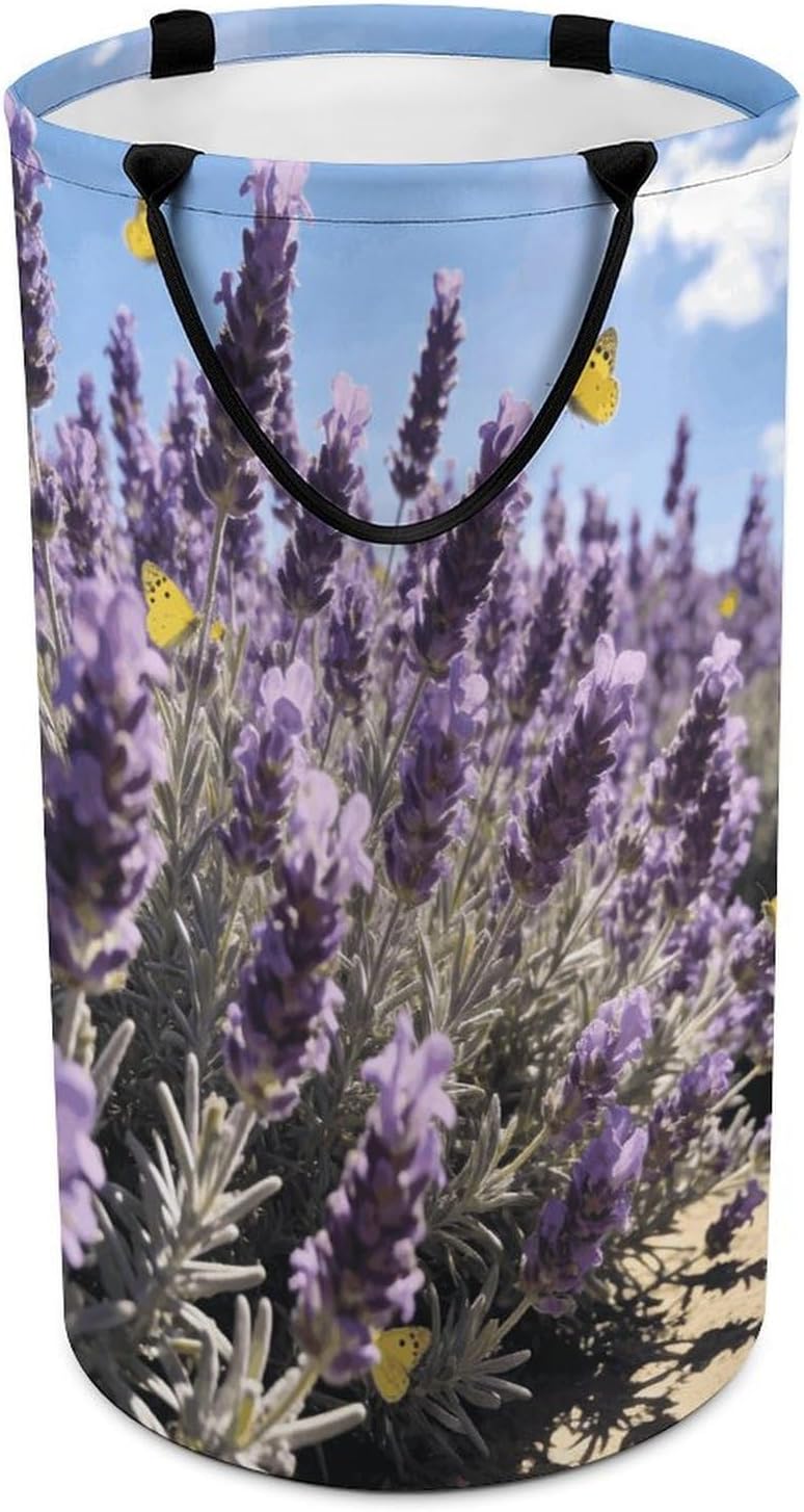 Purple Lavender Laundry Hamper with Handles Waterproof Collapsible Laundry Basket Large Lightweight Round Dirty Clothes Hamper for Home Dorm Bathroom Decor