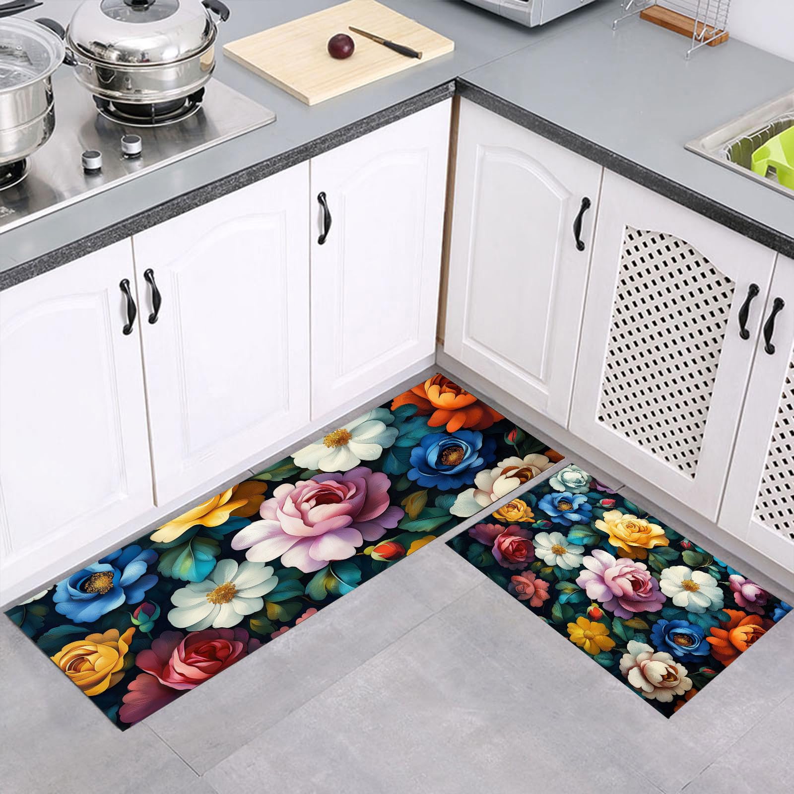 Tapis de cuisine au style impressionniste : égayez votre espace avec ce lot fleuri de 2 tapis