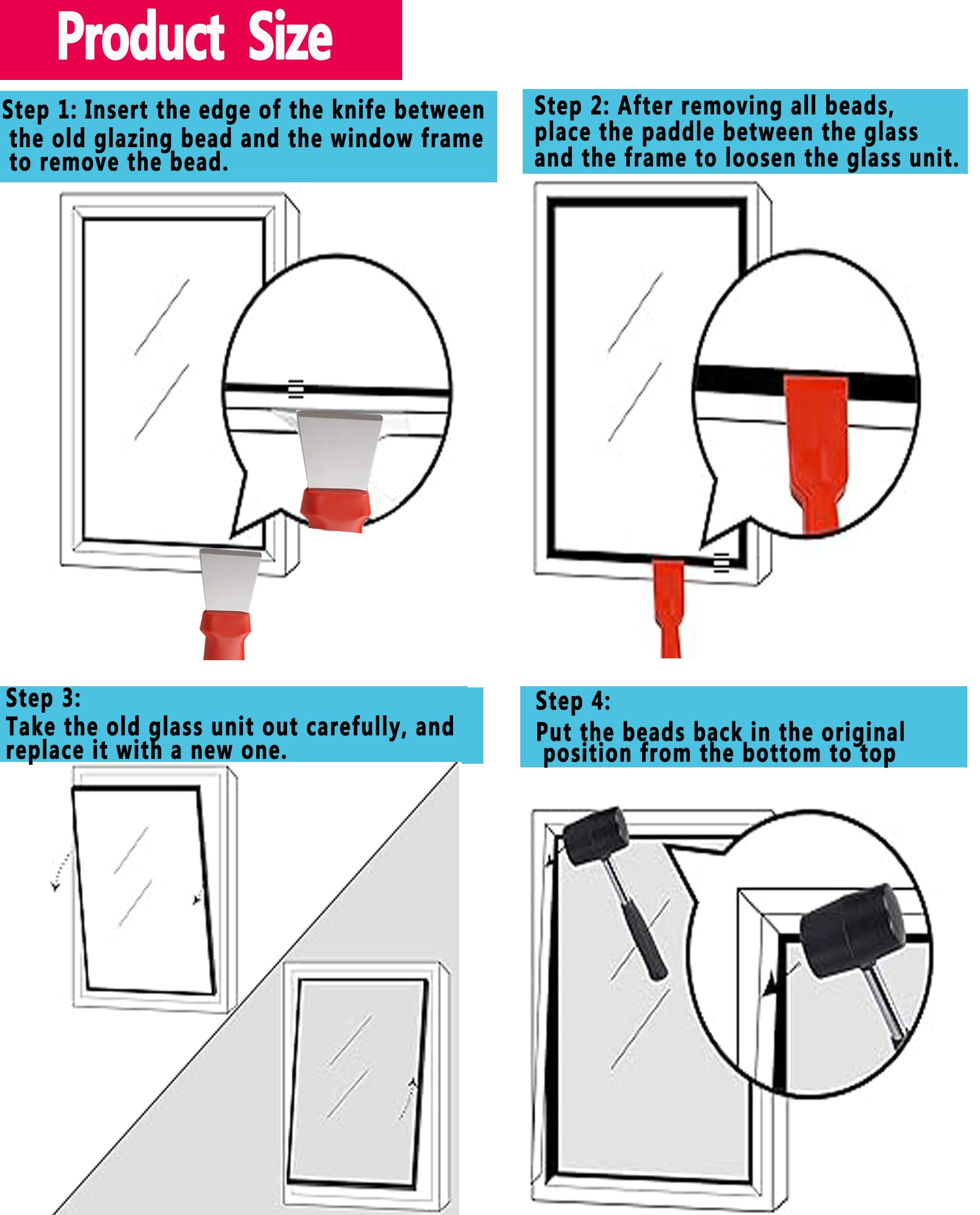 KOOLEVER Window Fitting Tools Kit - 3PCS Glazing Tools, Includes Hammer