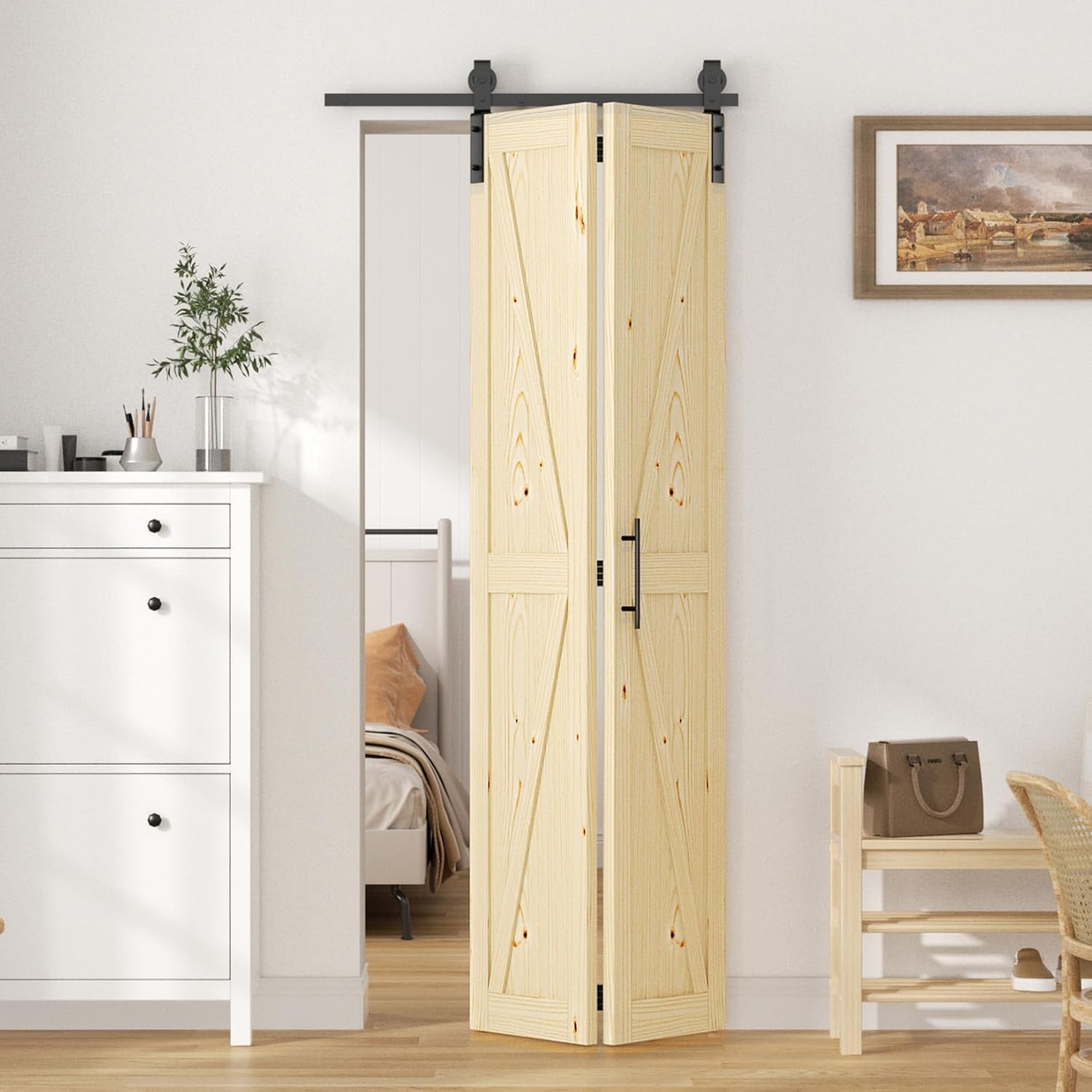 ROOMTEC 30in x 84in Bifold Barn Door with Hardware Kit, Unfinished Solid Pine Wood Folding Closet Door for Bedroom or Wardrobe, Assembly Required, DIY, Stainable, Natural Finish