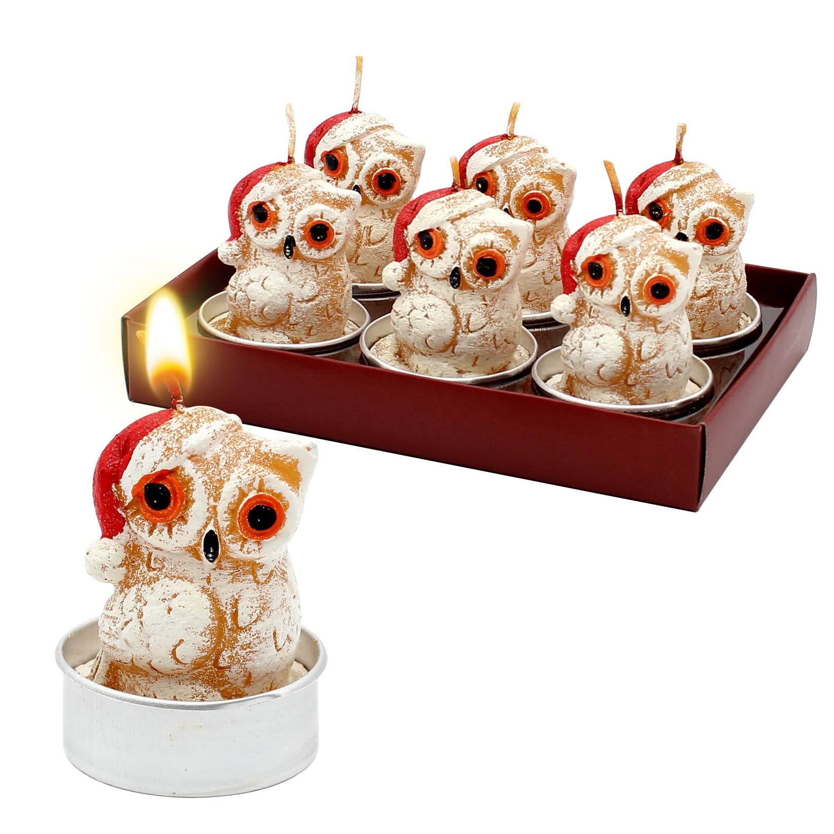 Dekohelden24 Set of 6 Owls with Christmas hat, Dimensions of Each Tea Light (L x W x H): 4 x 4 x 6 cm, 6 cm