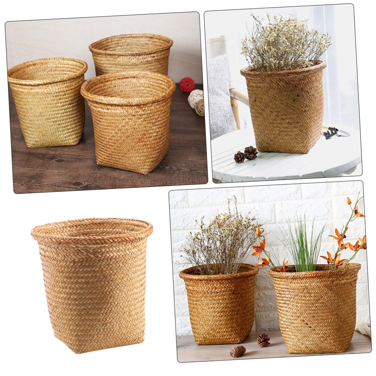 BESTonZON Cesto Rotondo in Paglia Intrecciata Khaki, Grande Capacità | Lavorazione a Mano , Raffinato e Decorativo , per Piante e Oggetti , Uso Multifunzione
