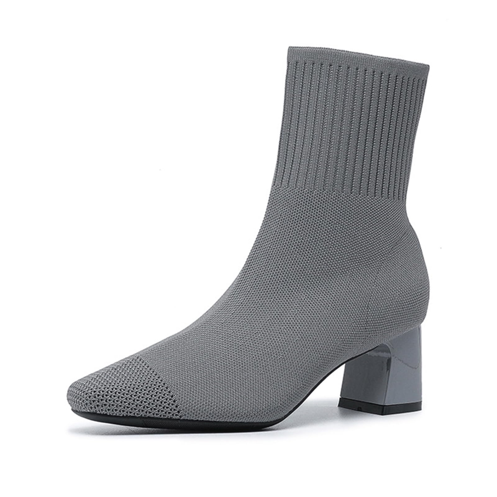 Womens Elastic Knit Fashion Block Heel Ankle Boots Comfort Breathable Square Toe Slip On Casual Chunky Heel Sock