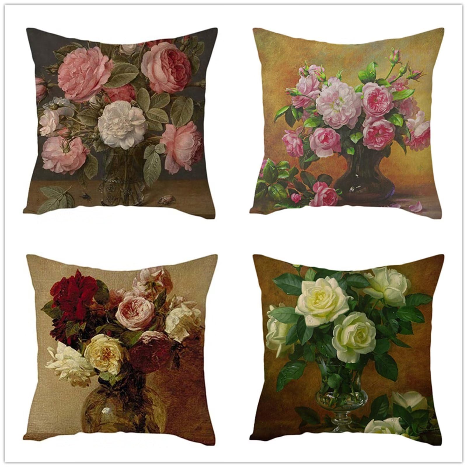 Set di 4 Fodere per Cuscini 75x75cm,cuscini per divano Vaso retrò Giardino Esterno Fodere per Cuscini Decorativi Lino Quadrate per Cuscino,per Casa Soggiorno Camera da Letto Divano YG1171