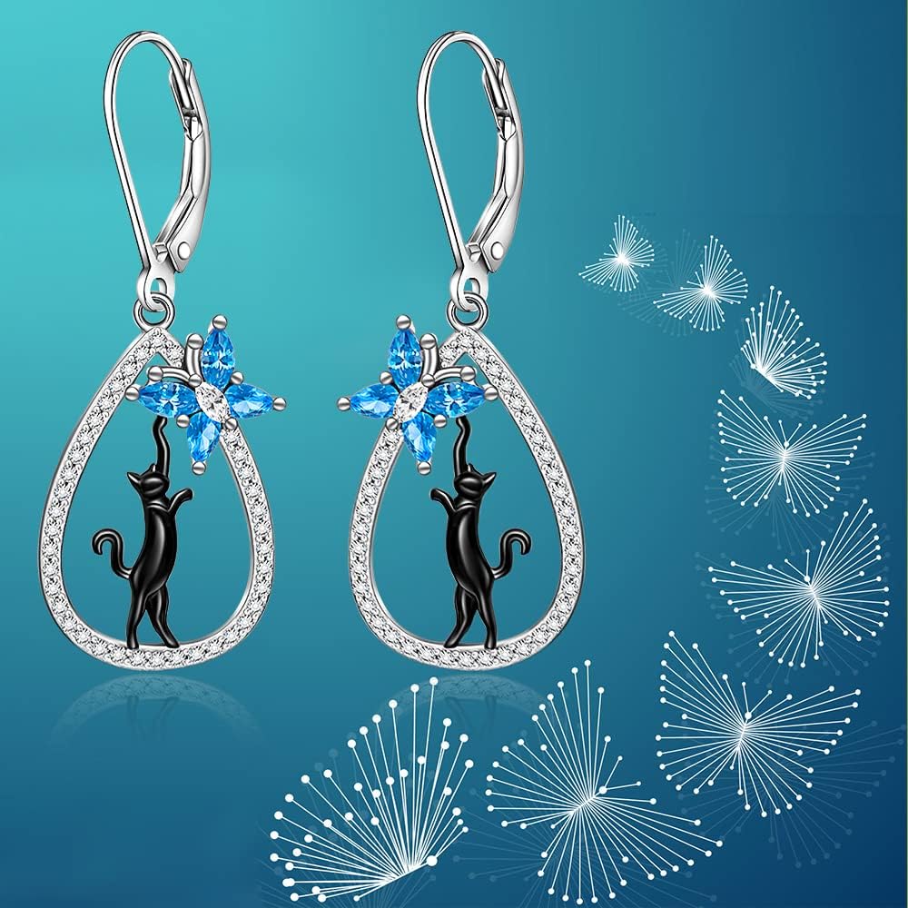 Black Cat Earrings for Women Blue Butterfly Dangle Earrings Sterling Silver Rhinestone Stud Hypoallergenic Halloween Cats Lover Gifts Pet Jewelry - Image 8