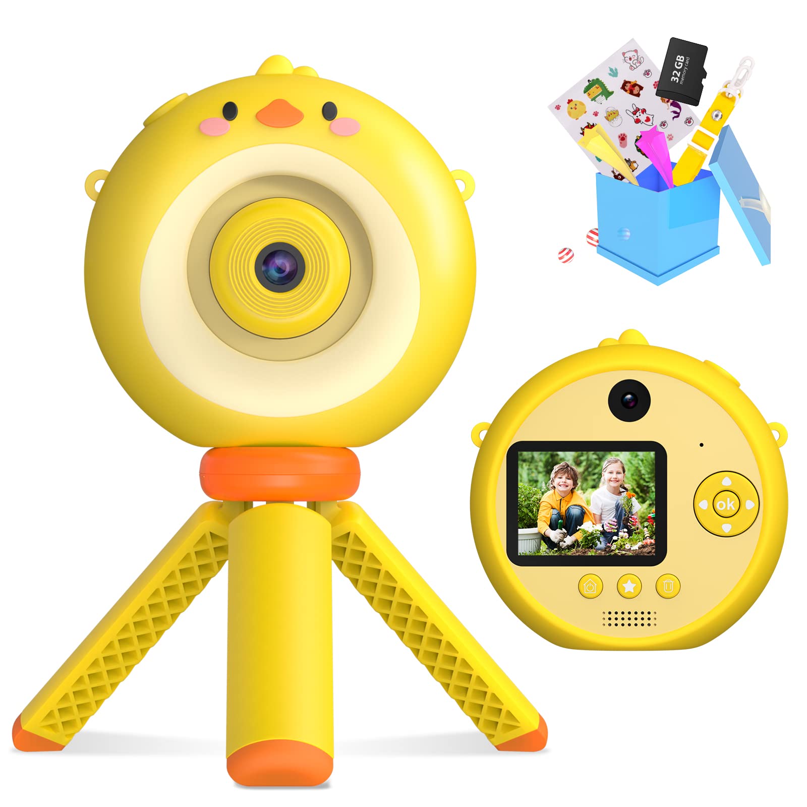 Kids Camera with Tripod Selfie Digital Camera for Kids 12MP Photo 1080P Video Camera for Kids Birthday Digital Video Camcorder Toy Camera with 32GB SD Card (Yellow)