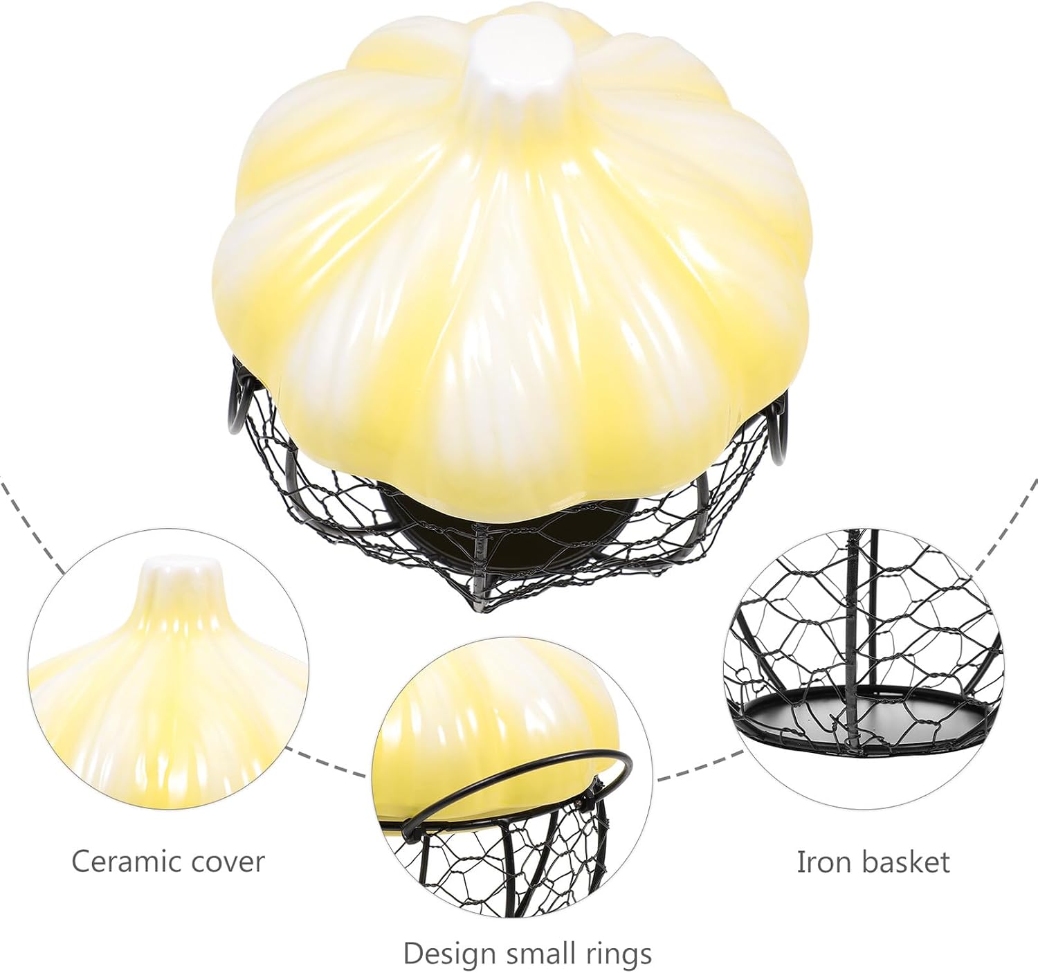 Hemobllo Breathable Hollow Iron Chicken Egg Basket with Ceramic Lid, Small Yellow Garlic Storage Container for Kitchen Countertop Organization and Fresh Egg Collection