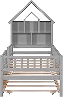 Vista 4 de BOVZA Twin Size Platform Bed with Trundle, Twin Bed Frame with House-Shaped Storage Headboard and Fence Guardrails for Kids Boys Girls, Gray