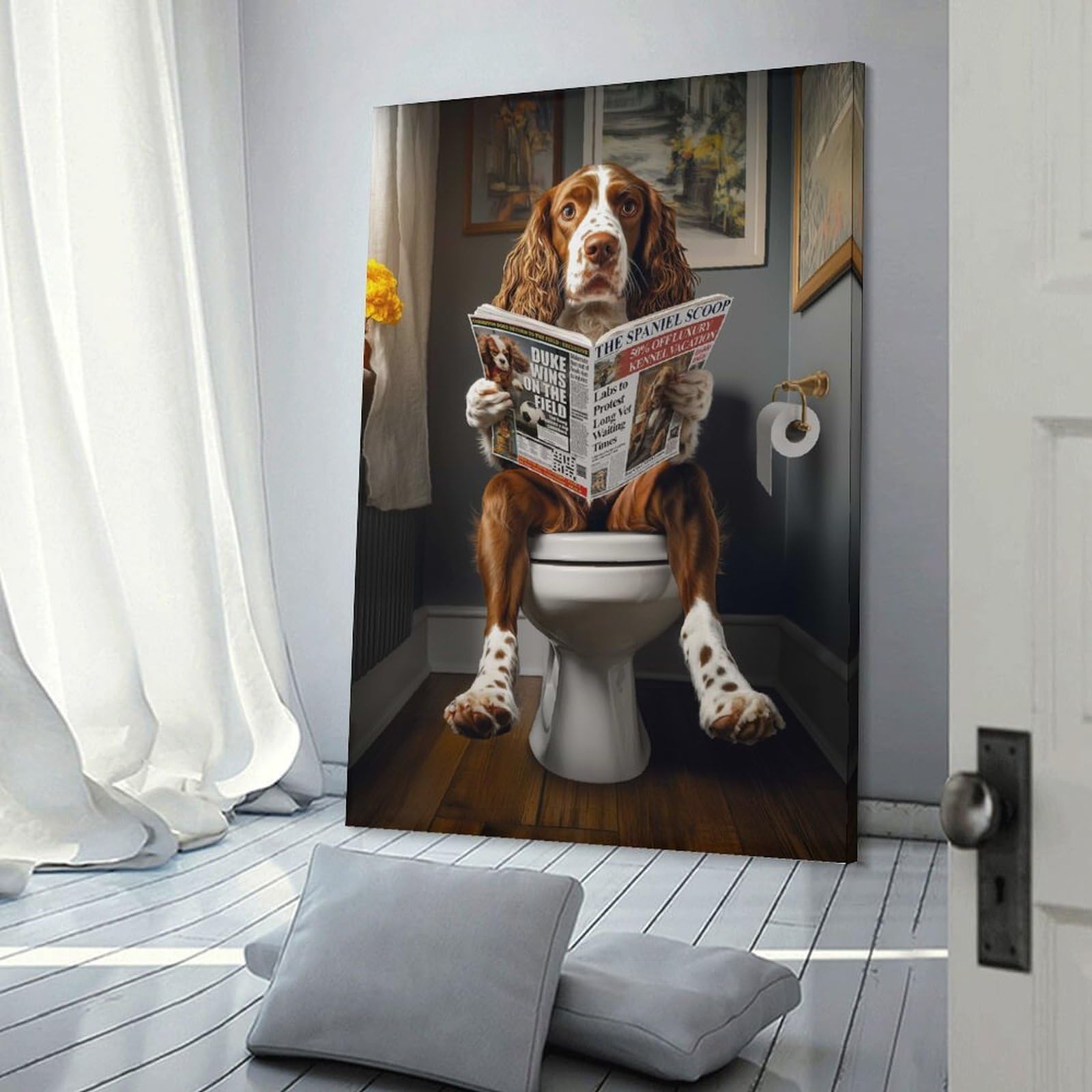 Junmoney Frame-Style-5 Springer Spaniel Toilet Decorative Canvas Print, 24X36inch(60X90cm), For Living Room, Bedroom Or Home Office, Canvas Artwork With Gifting Potential