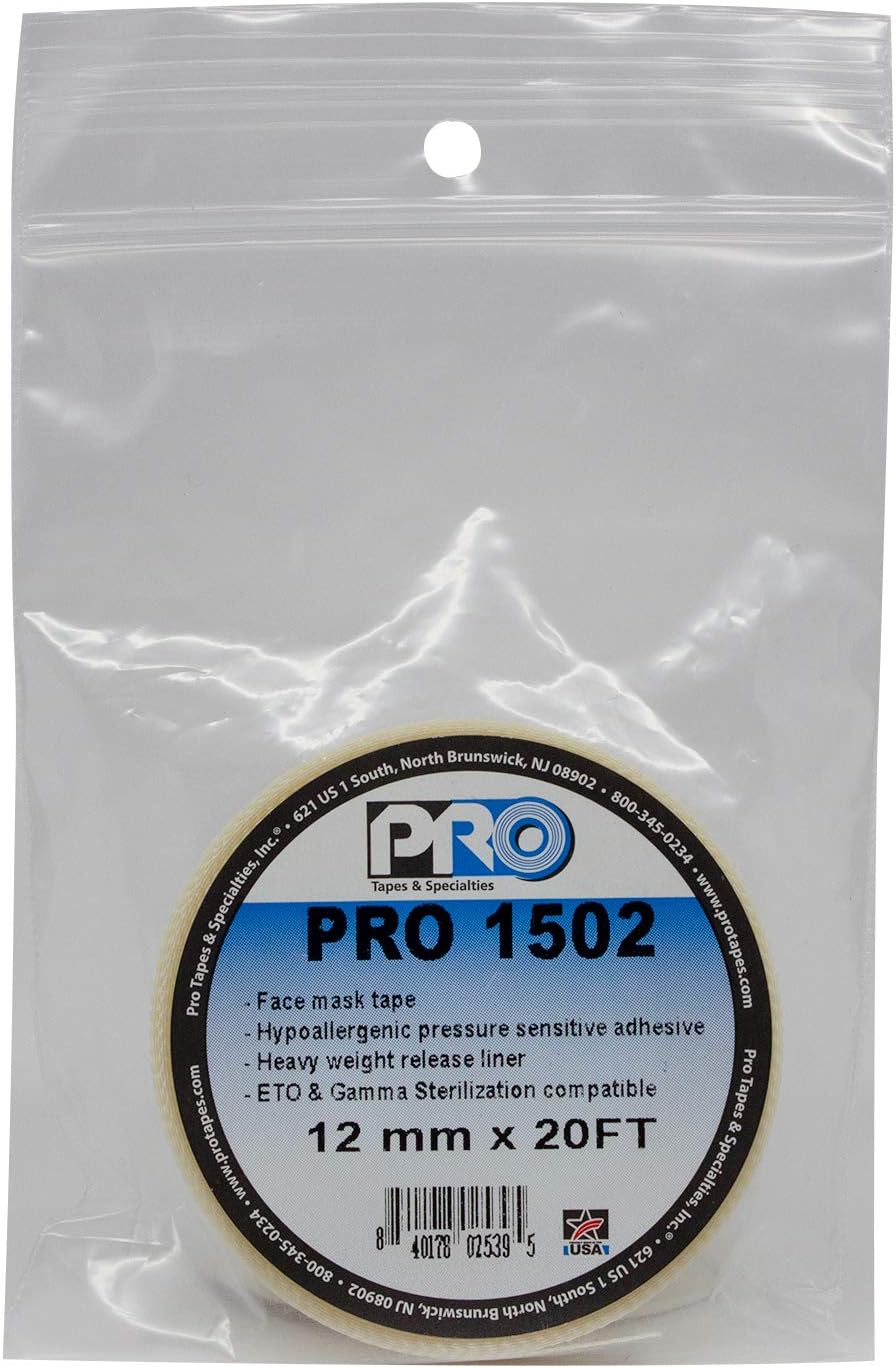 Pro 1502 Self-adhering Face Mask Tape 1/2in (12mm) x 20ft Clear Double Coated Medical, Direct-to-Skin, Fabric to skin. skin friendly adhesive, fluid resistant, Easy to apply, Can reposition/reapply
