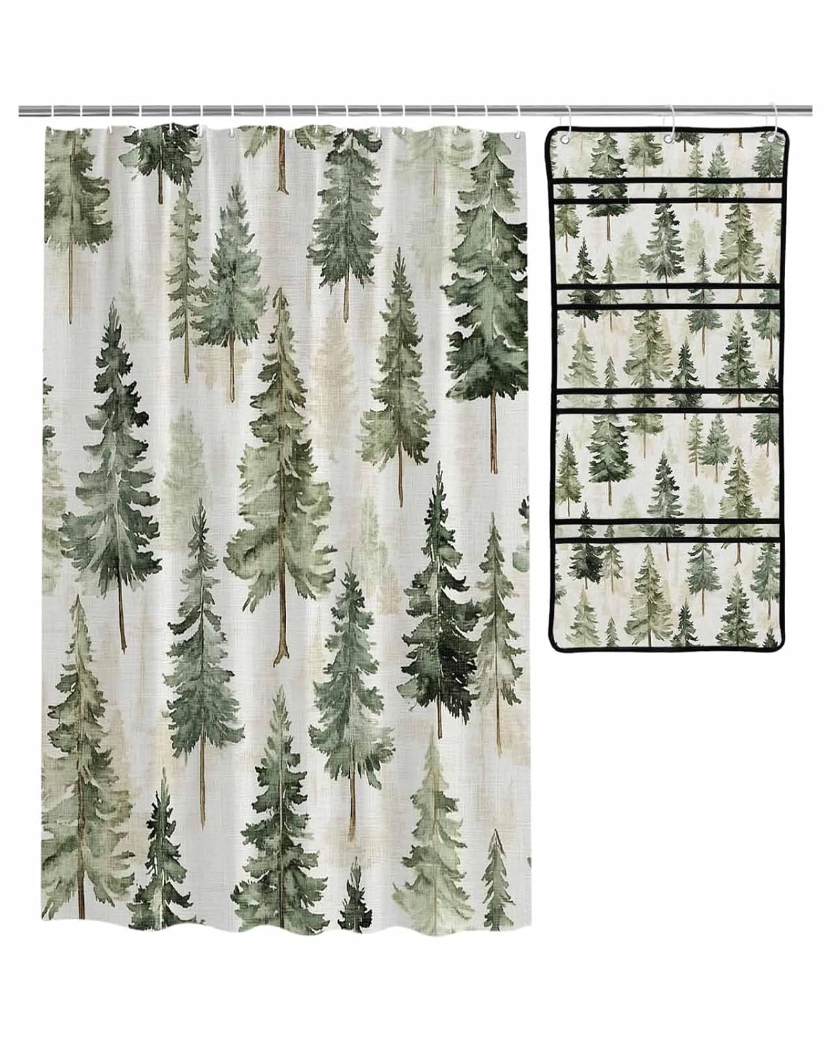 ZFUNCING Shower Curtain Mesh Shower Organizer Set Retro Green Christmas Tree Linen Waterproof Bath Curtains Hanging Shower Caddy