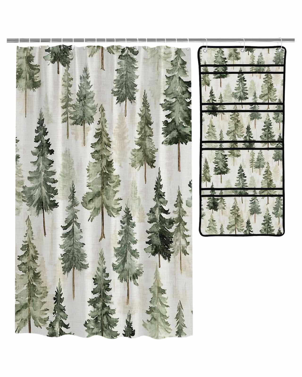 ZFUNCING Shower Curtain Mesh Shower Organizer Set Retro Green Christmas Tree Linen Waterproof Bath Curtains Hanging Shower Caddy