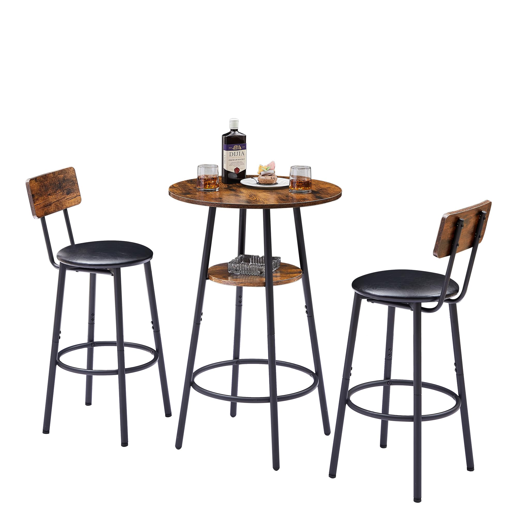 Tmsan Bar Table and Chair Set for 2, Small Round Bistro Coffe Table & PU Upholstered Stools with Backrest, High Top Pub Set for Kitchen Dining Room,
