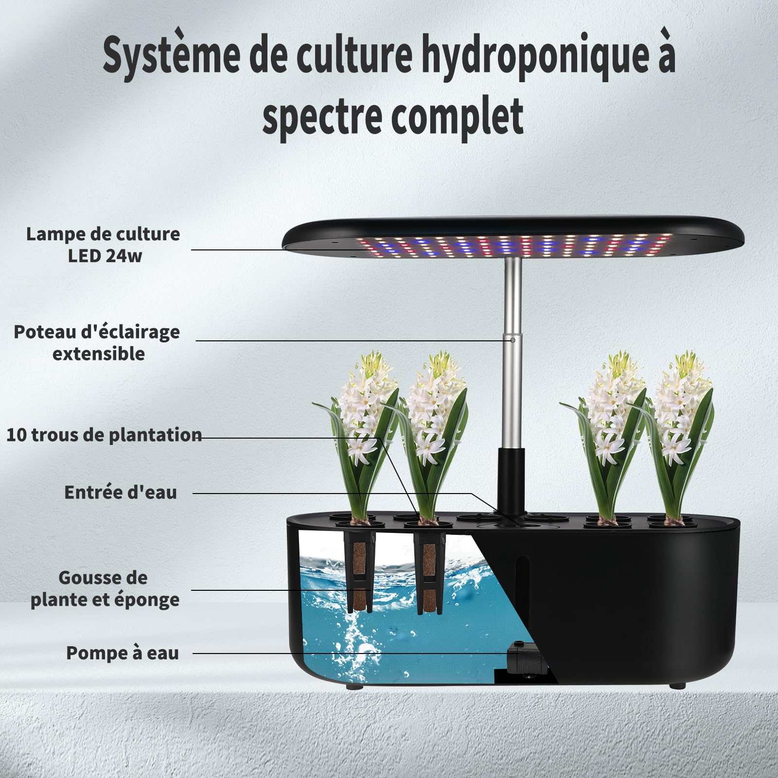 Cieex Potager Intérieur Hydroponique 10 Pods avec LED Grow Light 3 Modes de Croissance Intelligents Kit Complet de Cultures Hydroponiques