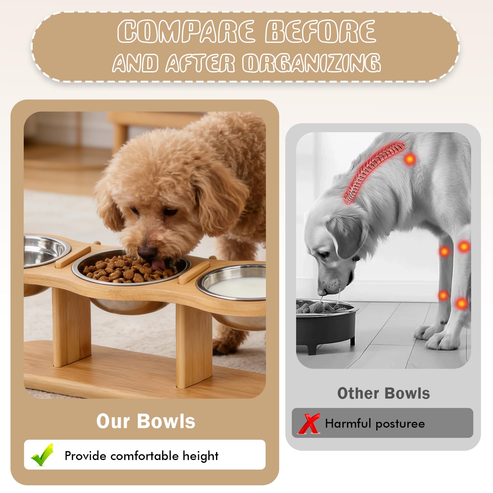 Gamelle Chat Surélevée avec 3 Bols en Acier Inoxydable, Support en Bois, Hauteur Réglable, Gamelle Surélevée pour Chat, Support Gamelle Chat,Gamelles pour Chats et Petits Chiens
