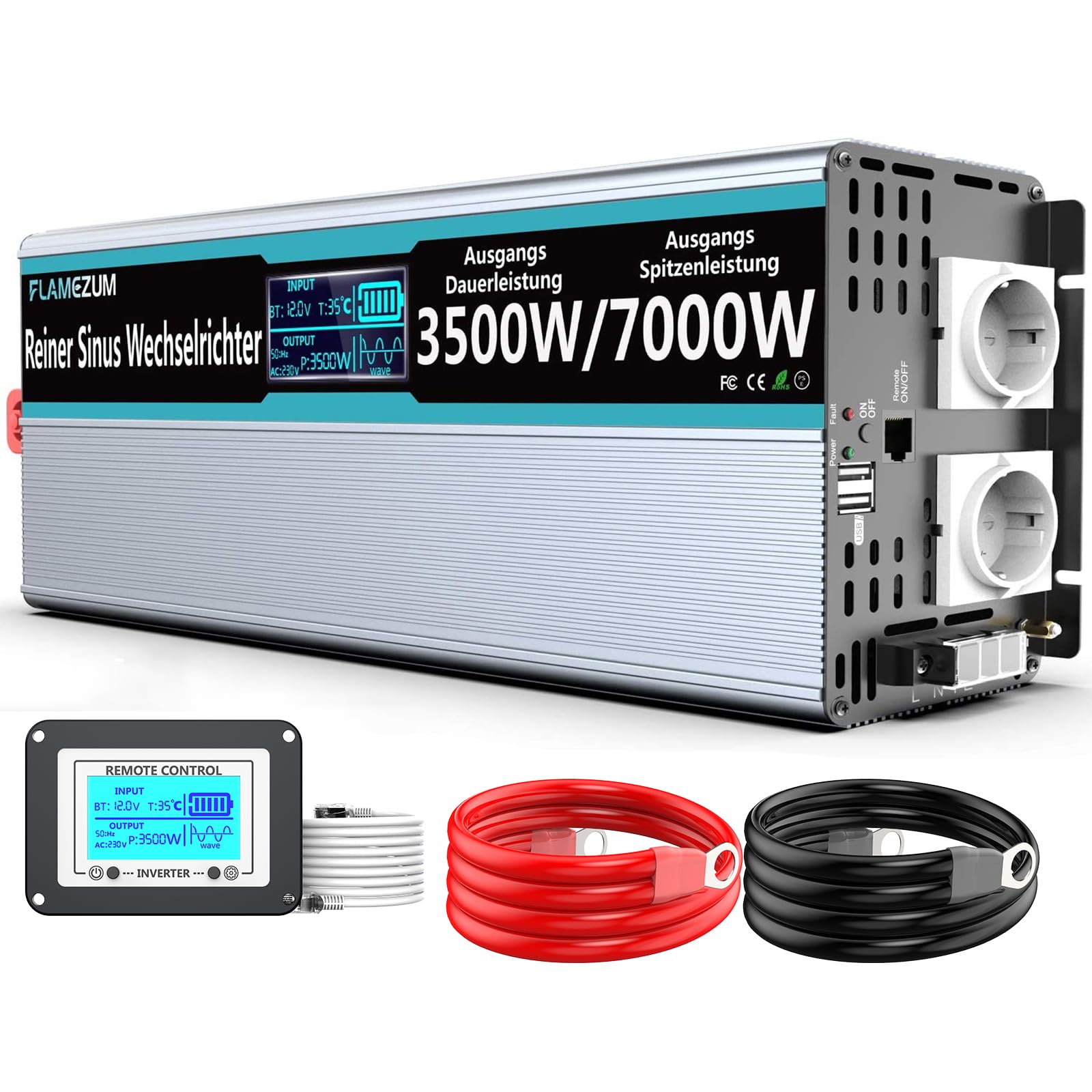 FLAMEZUM Falownik Czysty Sinus 3500 W DC 12V na AC 230V Przetwornica Napięcia, z ekranem LCD & Pilotem Zdalnego Sterowania 2 x 2,4 A USB & 2 x Gniazda AC do Przyczep Kempingowych