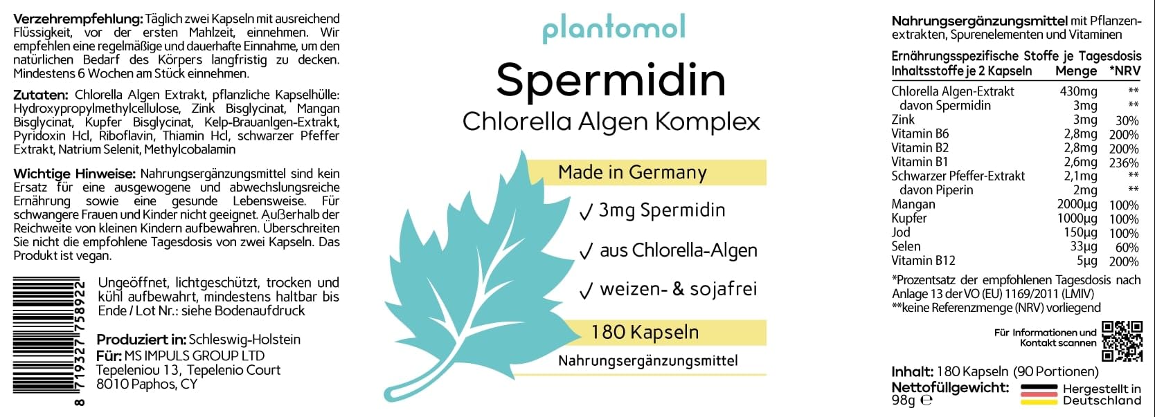 180 Spermidin Kapseln hochdosiert aus Chlorella - hoher natürlicher Chlorophyll Gehalt + 3mg Spermidine hochdosiert - 3 Monatsvorrat