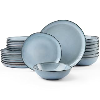 HaWare Dinnerware Sets, 24-Piece Stoneware Plates and Bowls Set, Dish Set for 8, Ceramic Dishware for Home Restaurant, Chip and Scratch Resistant, Microwave and Dishwasher Safe, Reactive Foggy Blue - Amazon product rated Grade A