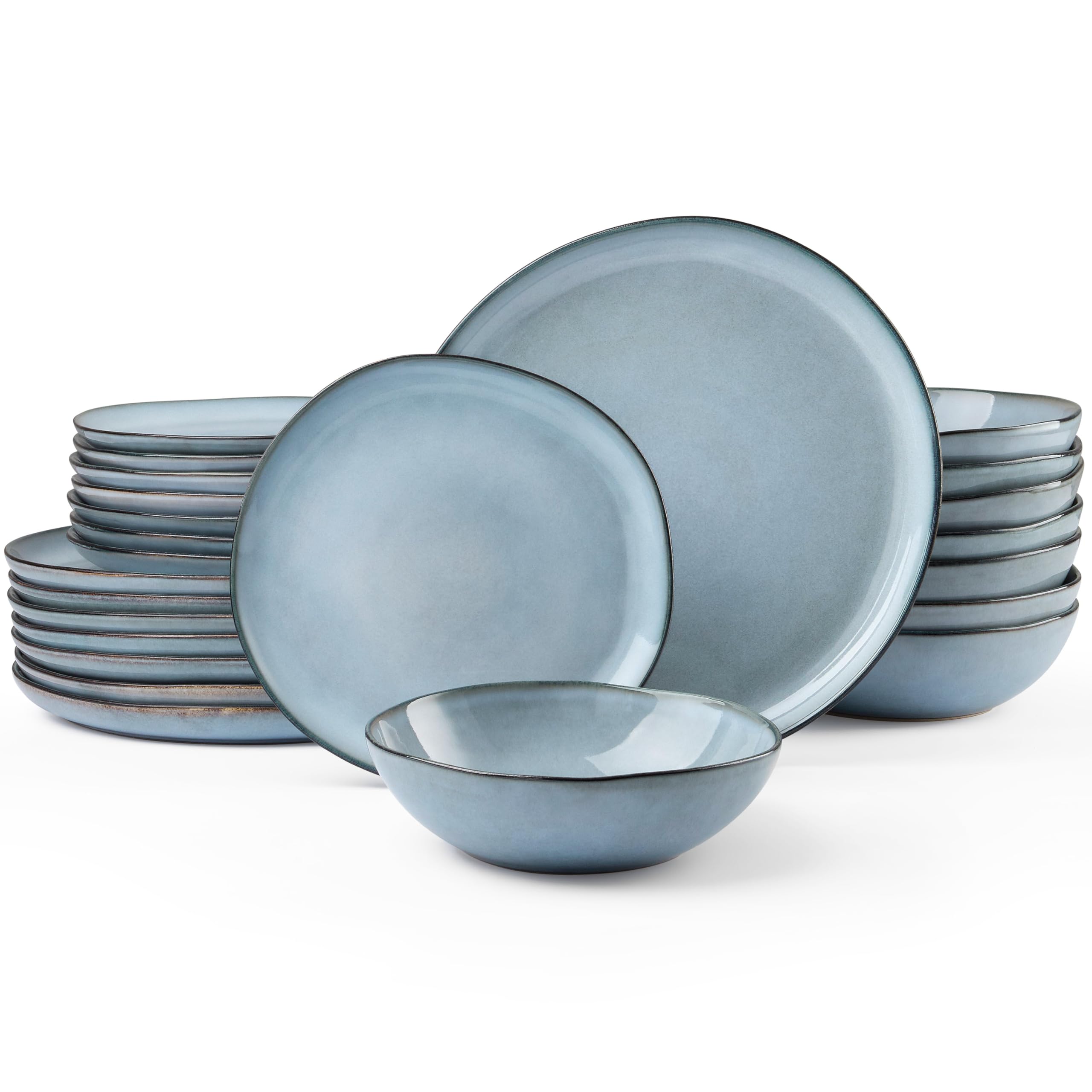 HaWare Dinnerware Sets, 24-Piece Stoneware Plates and Bowls Set, Dish Set for 8, Ceramic Dishware for Home Restaurant, Chip and Scratch Resistant, Microwave and Dishwasher Safe, Reactive Foggy Blue