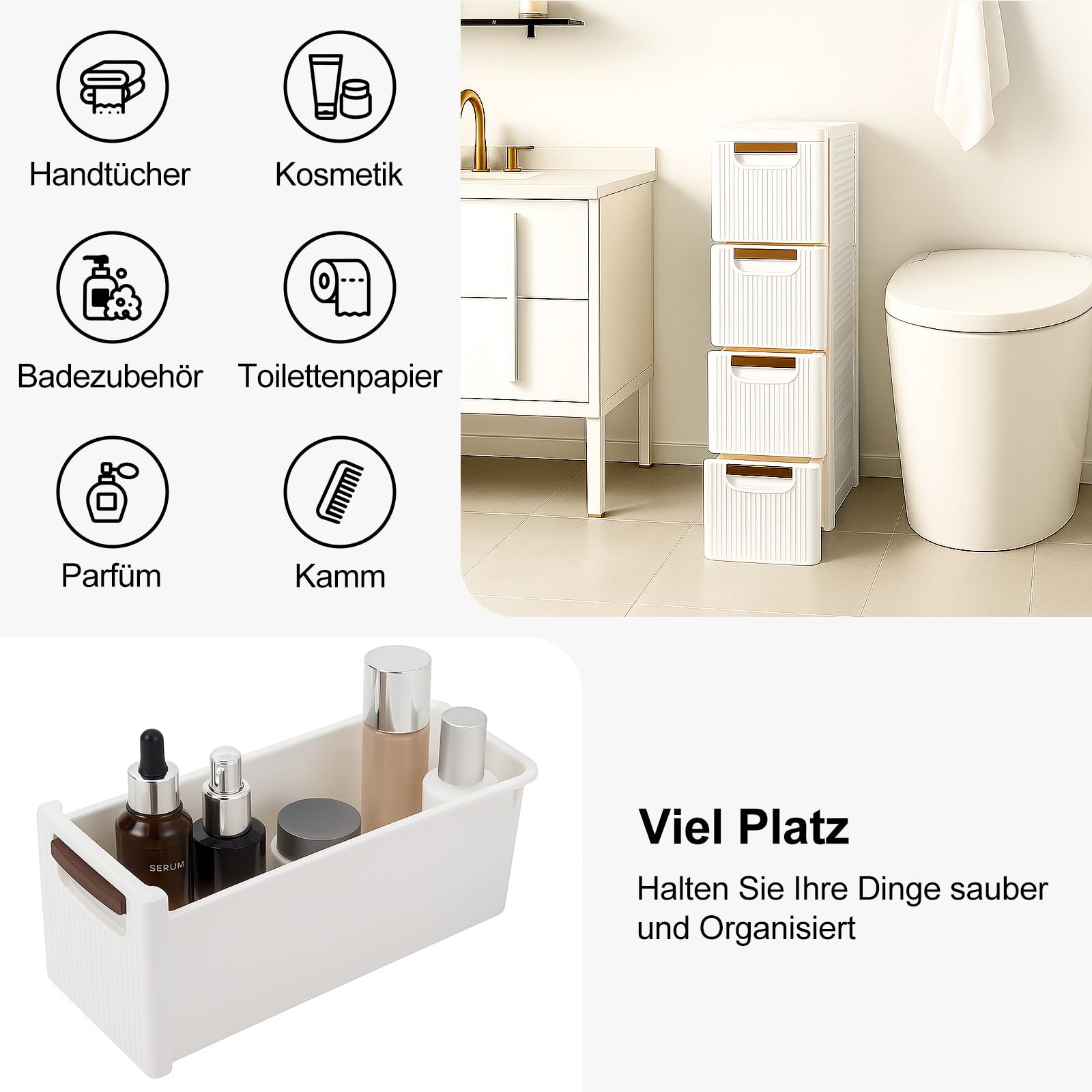 Schmaler Rollwagen mit Schubladen (3/4/5 Ebenen wählbar) – Platzsparender Nischenschrank aus PP Kunststoff, mobiler Auszugsschrank mit Rollen, Organizer für Bad, Küche, Wohnzimmer (4 Ebenen)