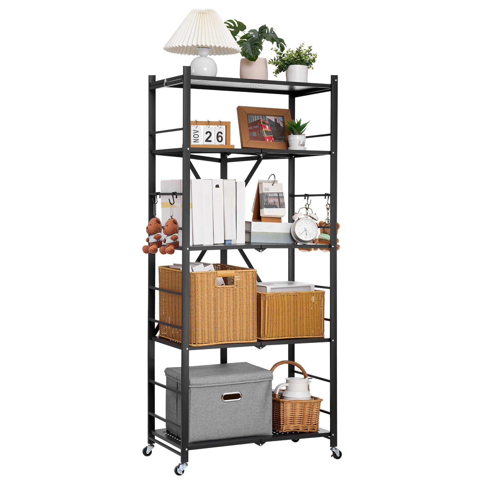 VEVOR Scaffale Portaoggetti Pieghevole a 5 Ripiani con Ruote, Scaffale in Metallo Pieghevole, Robusto Resistente Senza Montaggio, Ideale per Garage, Cucina, Cantina Nero 380 x 710 x 1630 mm
