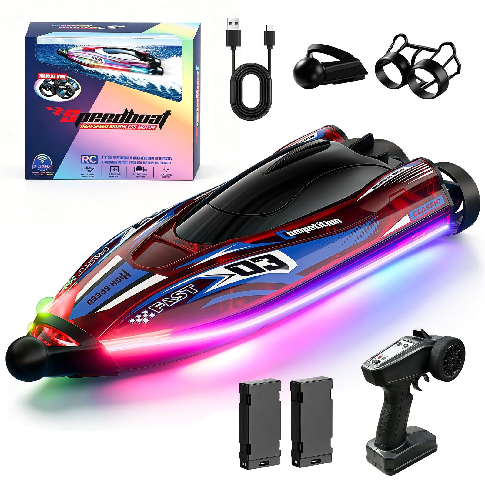 Barco Control Remoto Velocidad 25 Km/H, Receta Automática De 360°,Barco Rc Luces Led, Resistente A Golpes Y Resistente A La Impermeabilización, Radiocontrolado 2,4 Ghz, Juguete Acuático Ideal Para