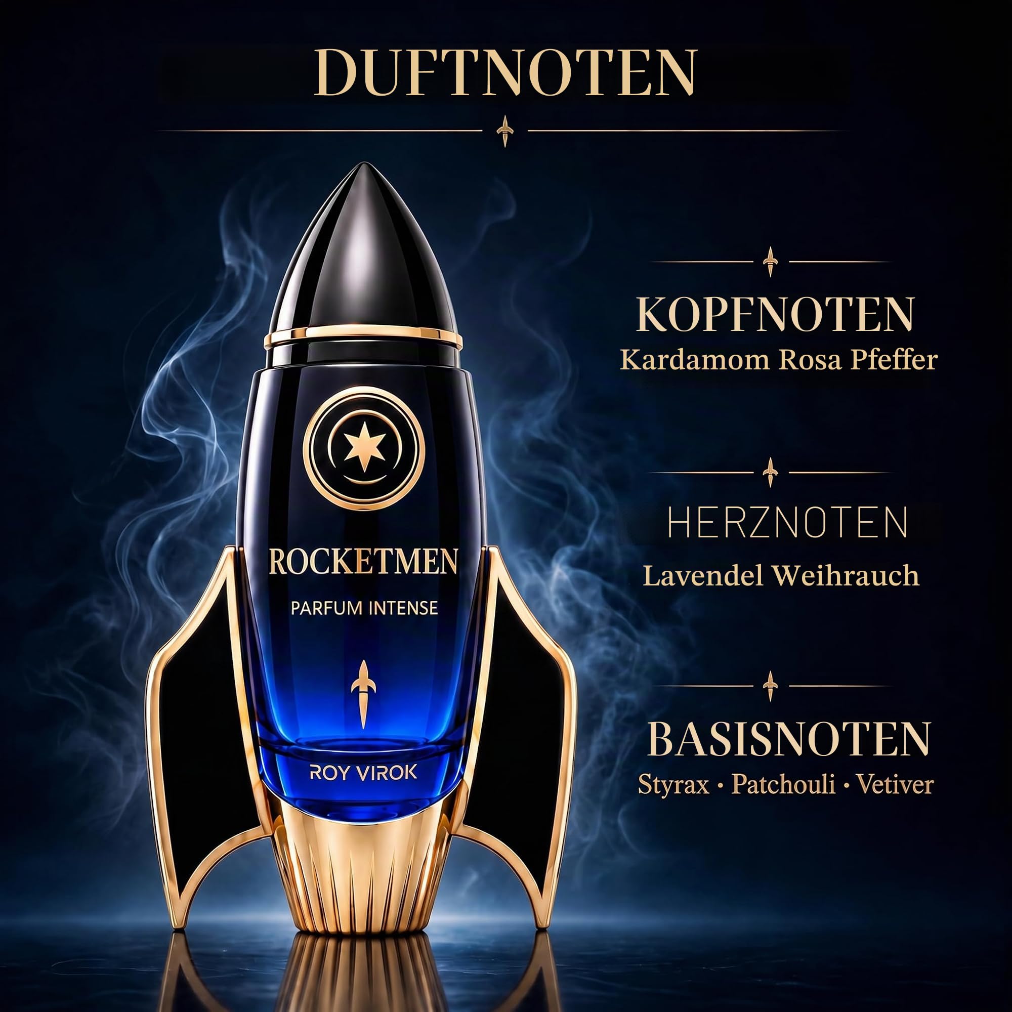 ROCKETMEN Parfum Intense 30% - Parfüm Herren 100 ml, holzig & langanhaltend | Herren Parfüm mit starker Projektion und eleganter Sillage. Würzig-holziger Fougère-Duft im unverwechselbaren Raketenflakon.