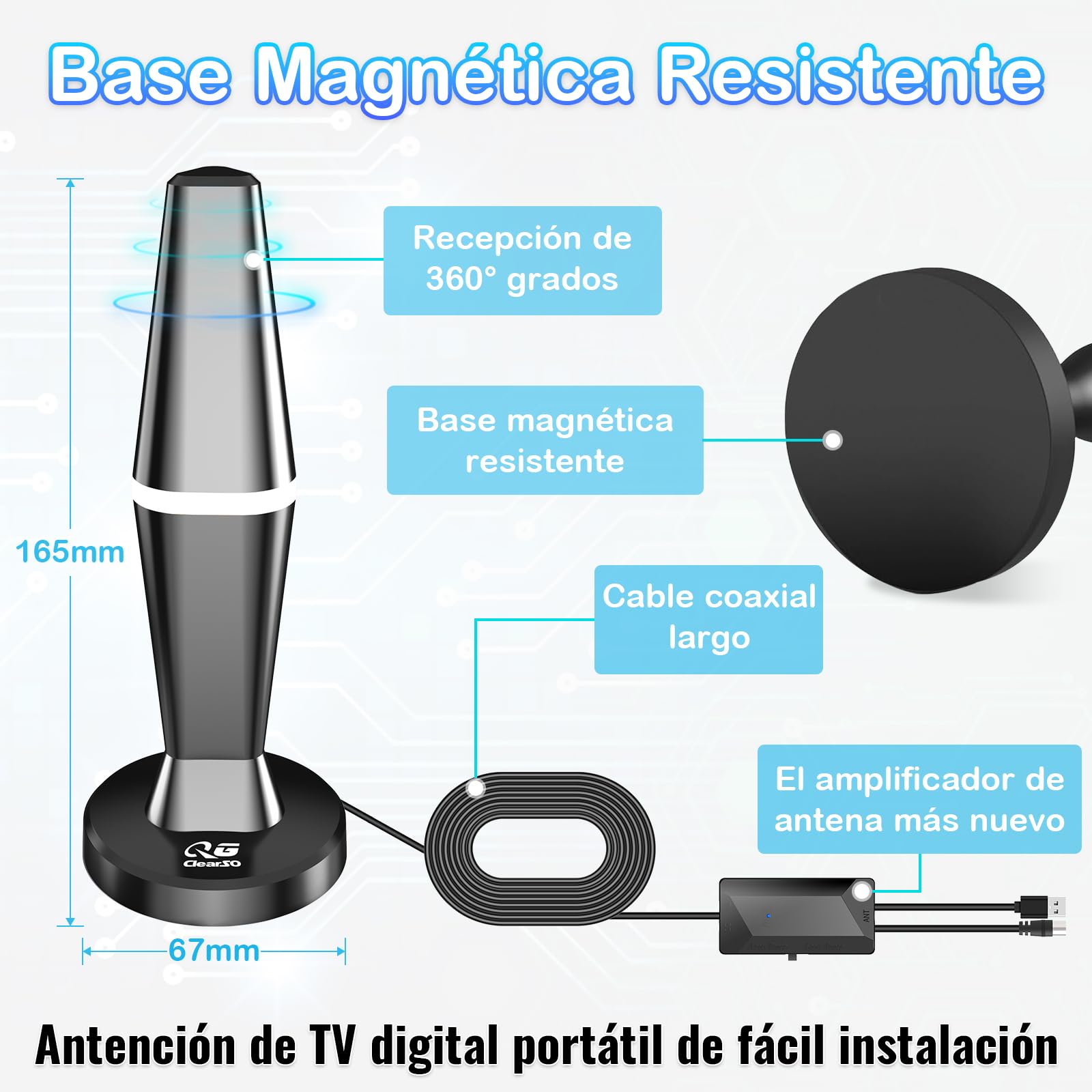 Antena TV Interior,2026 Antena de TV Interior con Amplificador, 460KM en recepción 360° Base magnética Resistente para, fácil instalación,admite Canales 4K/1080P, Puede Recibir señales DVB-T2 DVB-T