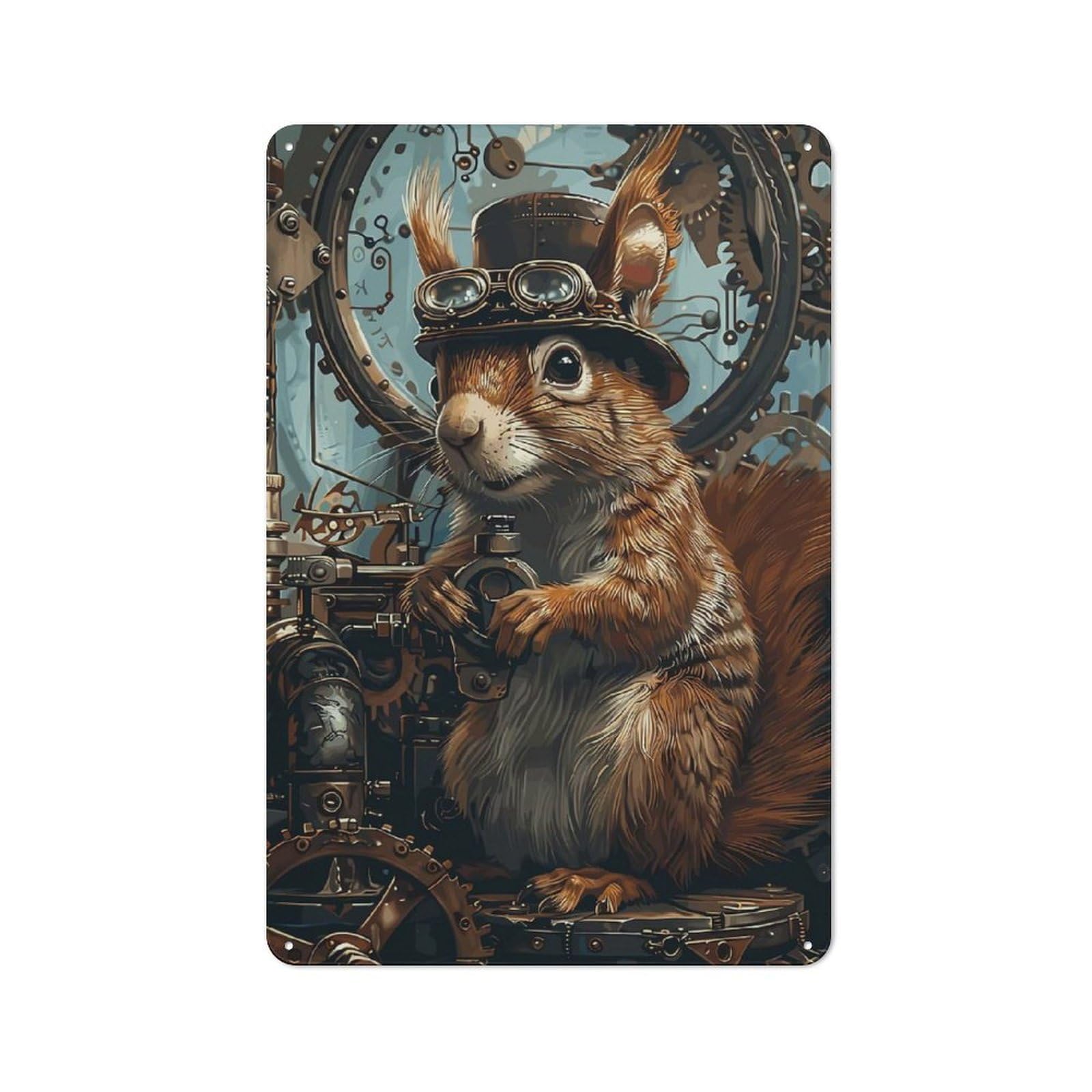 Junmoney Steampunk Animal Squirrel Retro Tin Wall Plaque 30X20cm Featuring For Garage Wall, For Vintage Wall Decor Fans, For Themed Room Decoration