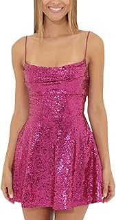 ZPLxi Women's Sequin Skirt Sparkly Sleeveless Spaghetti Strap Adjustable Cross-Criss Backless Double Layer Stretchy Bodyco...