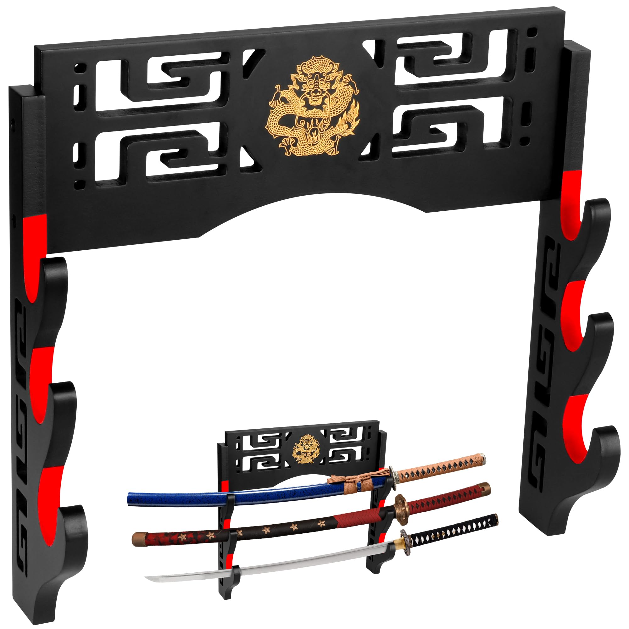 Alyoen 3-Tier Sword Display Katana Wall Mount, Samurai Sword Katana Holder Stand with Velvet Padded Hook & Dragon Pattern, Sword Rack for Wakizashi Lightsaber Samurai