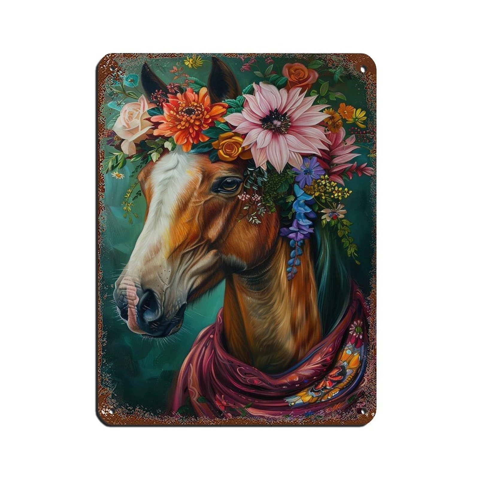 Vintage Maximalist Floral Horse Painting Poster Retro Poster Metal Tin Sign Chic Art Retro Iron Painting Bar People Cave Cafe Family Garage Poster Wall Decoration 12x16inch(30x40cm)