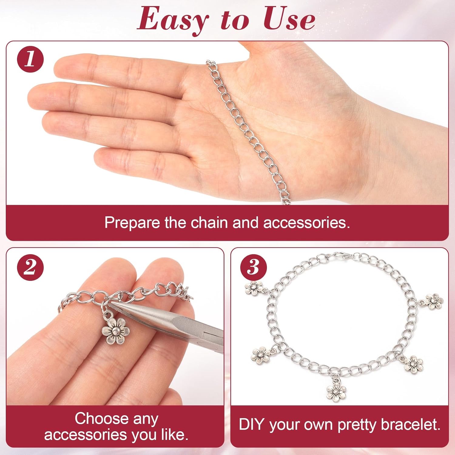 VARMDUKKE 6PCS Charm Bracelet Chain with Lobster Clasps, Silver Alloy Bracelet Chains for Jewelry Making, Bracelet Link Chains Bulk for Women Men DIY Jewelry, Crafts, Daily Use - Image 3