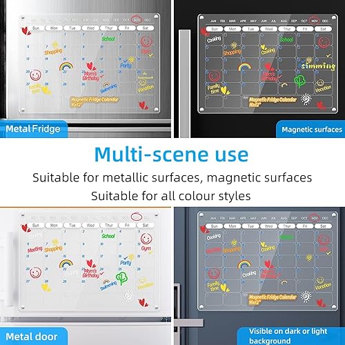 Miniatura 7 de Calendario magnético acrílico para refrigerador, 2 juegos de calendario de nevera, pizarra de borrado en seco, calendario reutilizable transparente