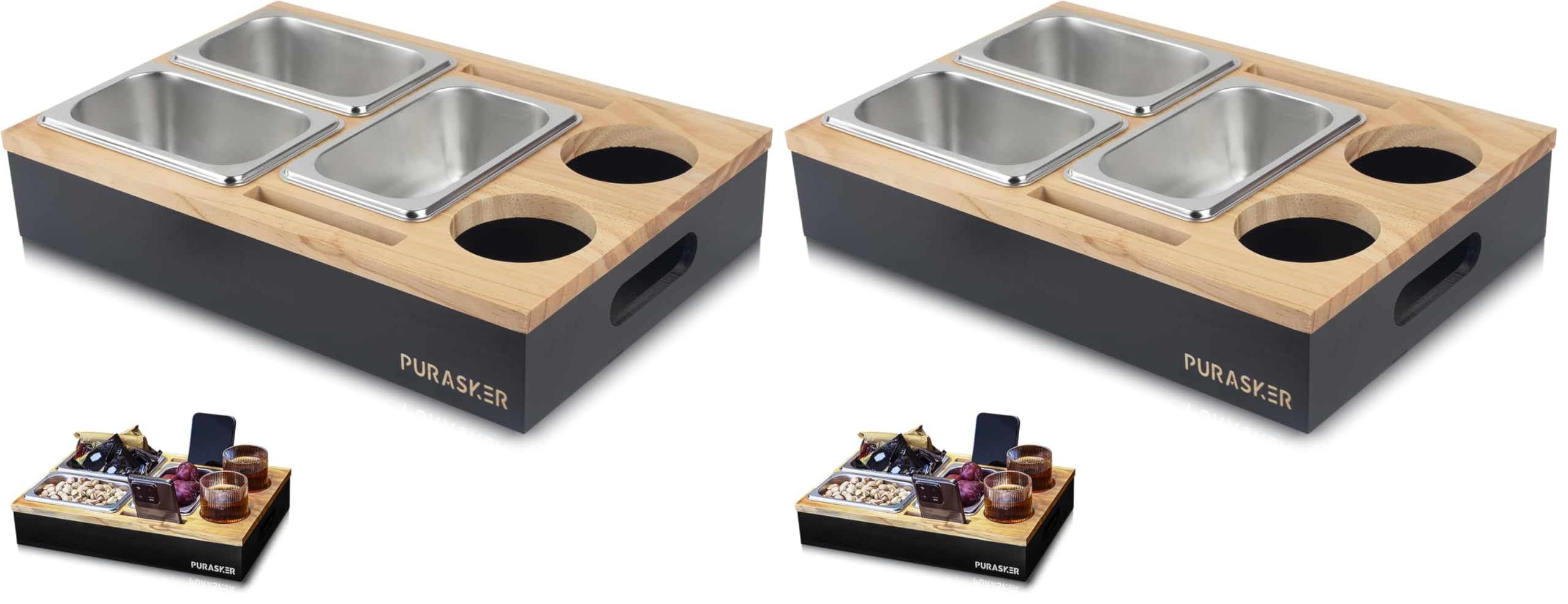 Couchbar Snackbox mit Getränkehalter, Sofatablett Snackschale mit 3 Fächern Holz Snackspender Robust und Umweltfreundlich (Packung mit 2)